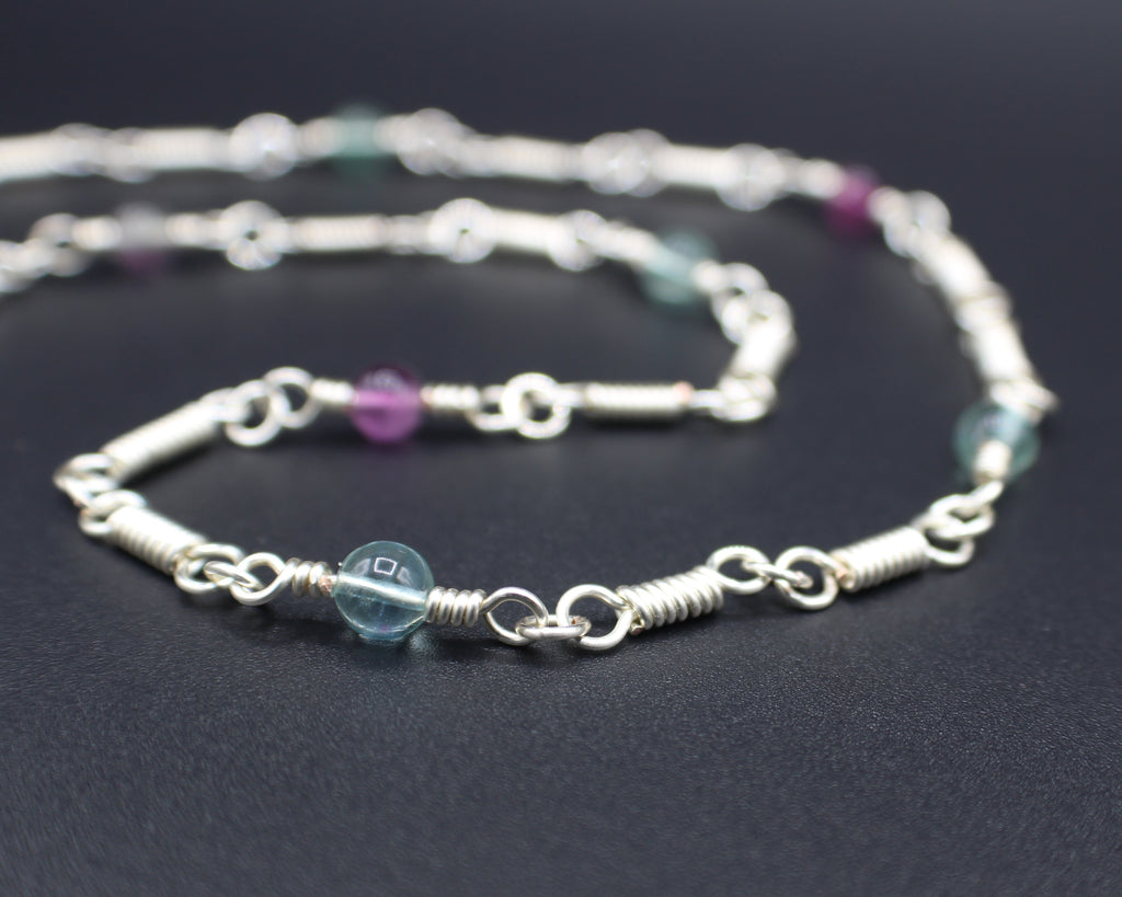 Handcrafted Rainbow Fluorite Front Toggle Necklace in Silver Plated Copper