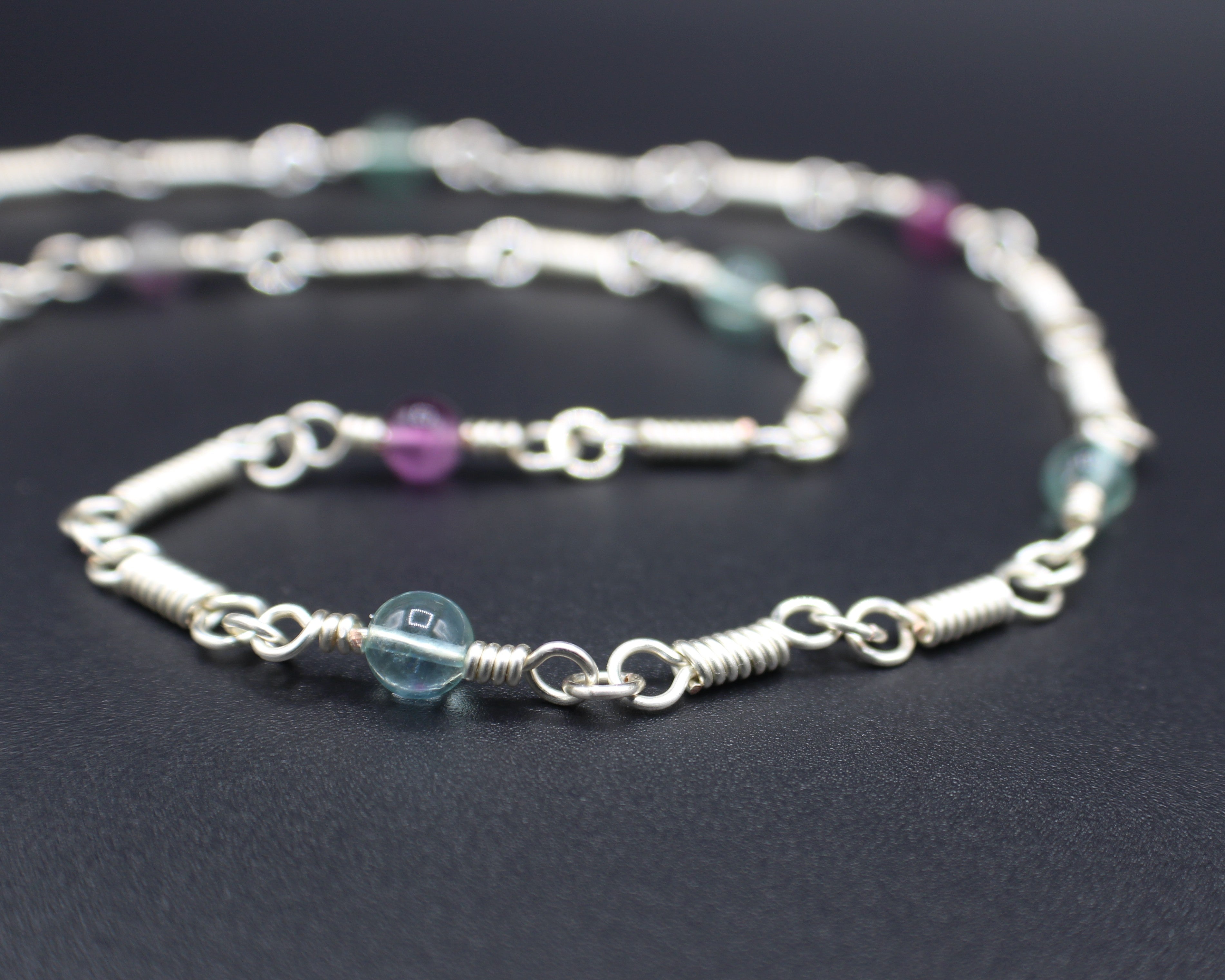 Handcrafted Rainbow Fluorite Front Toggle Necklace in Silver Plated Copper