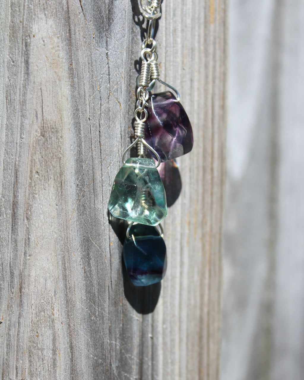 Handcrafted Rainbow Fluorite Front Toggle Necklace in Silver Plated Copper