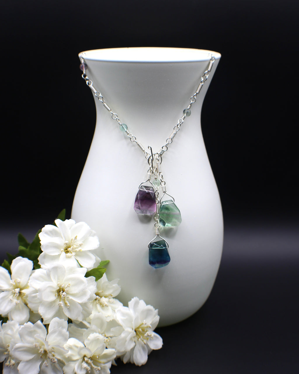 Handcrafted Rainbow Fluorite Front Toggle Necklace in Silver Plated Copper