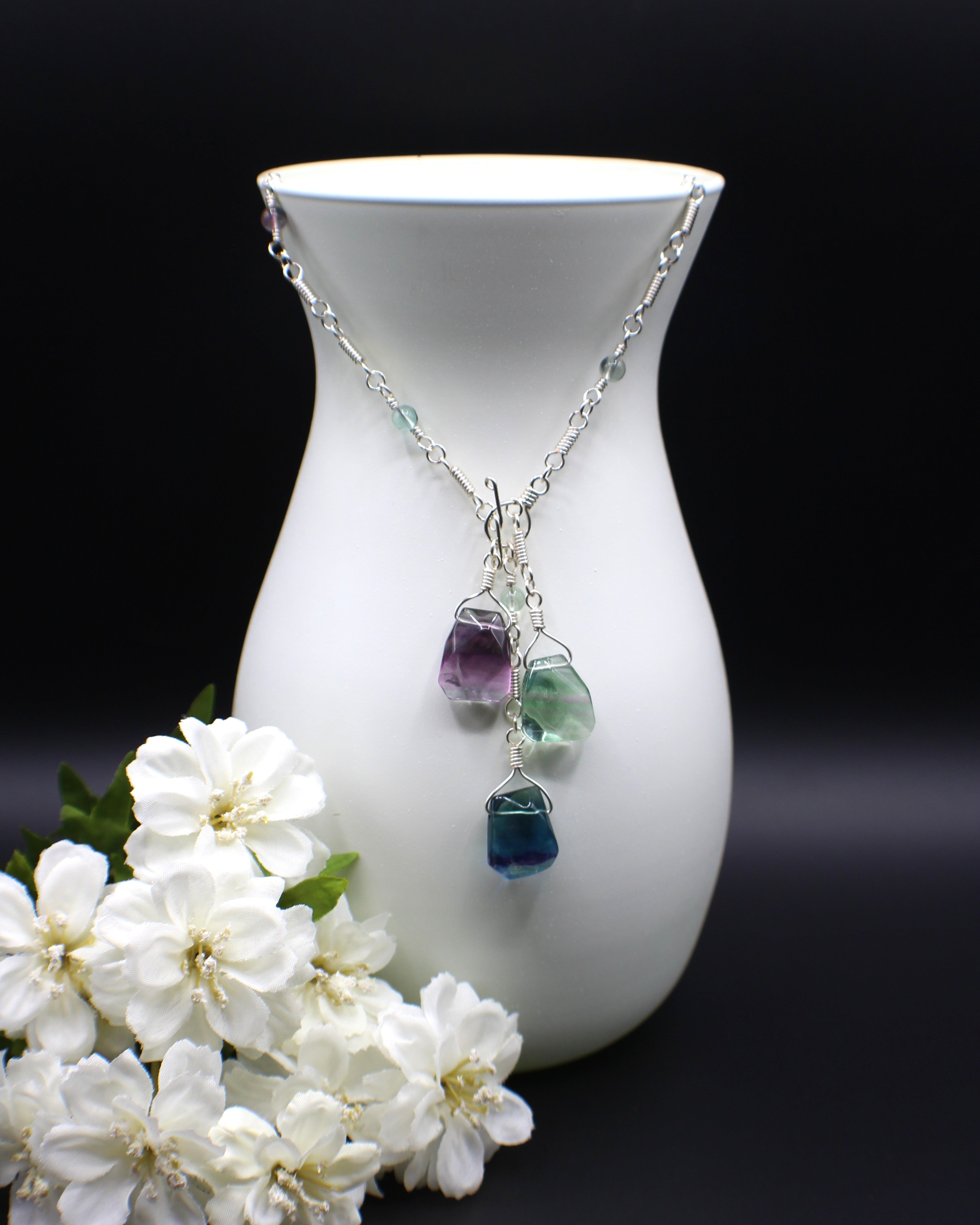 Handcrafted Rainbow Fluorite Front Toggle Necklace in Silver Plated Copper