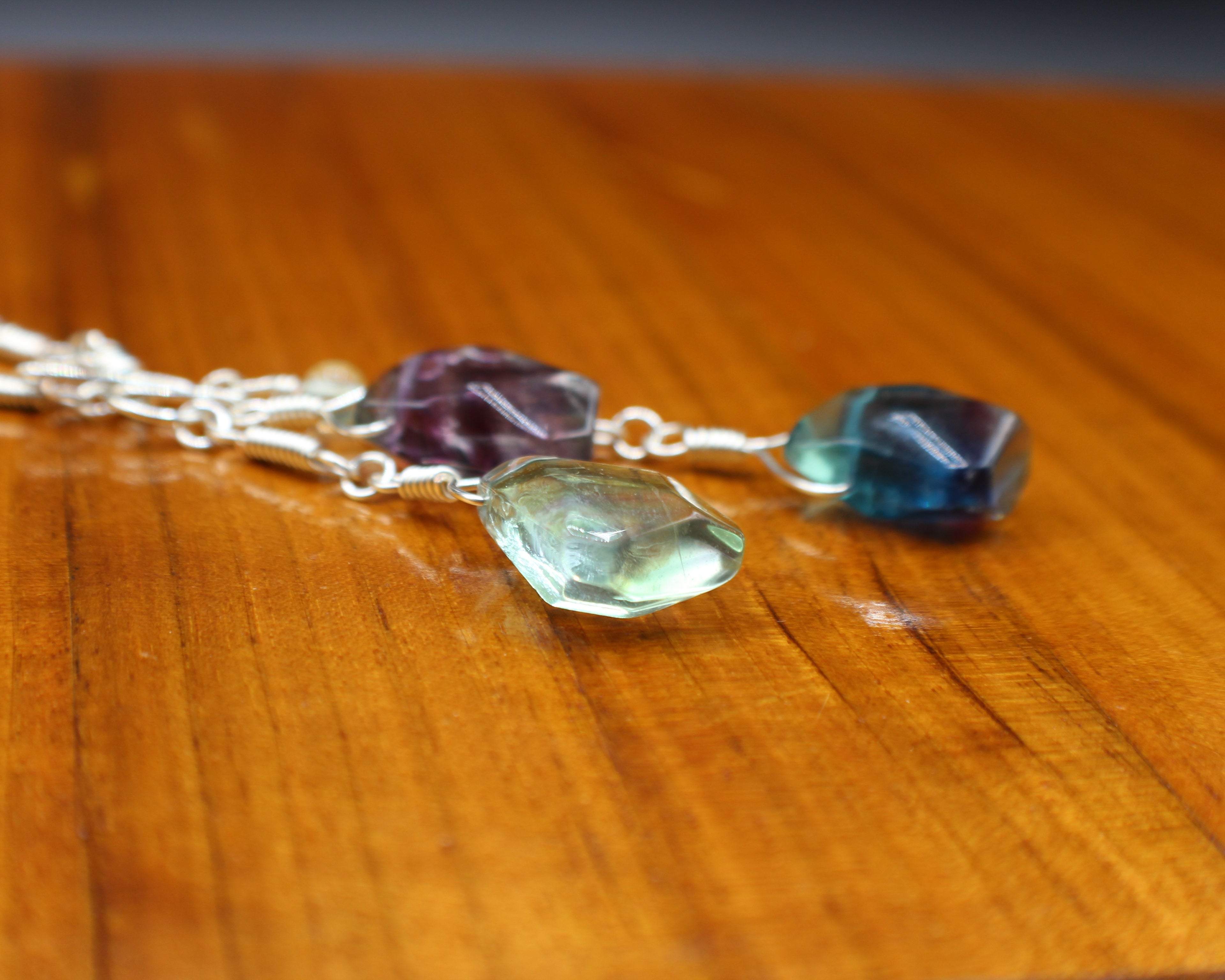 Handcrafted Rainbow Fluorite Front Toggle Necklace in Silver Plated Copper