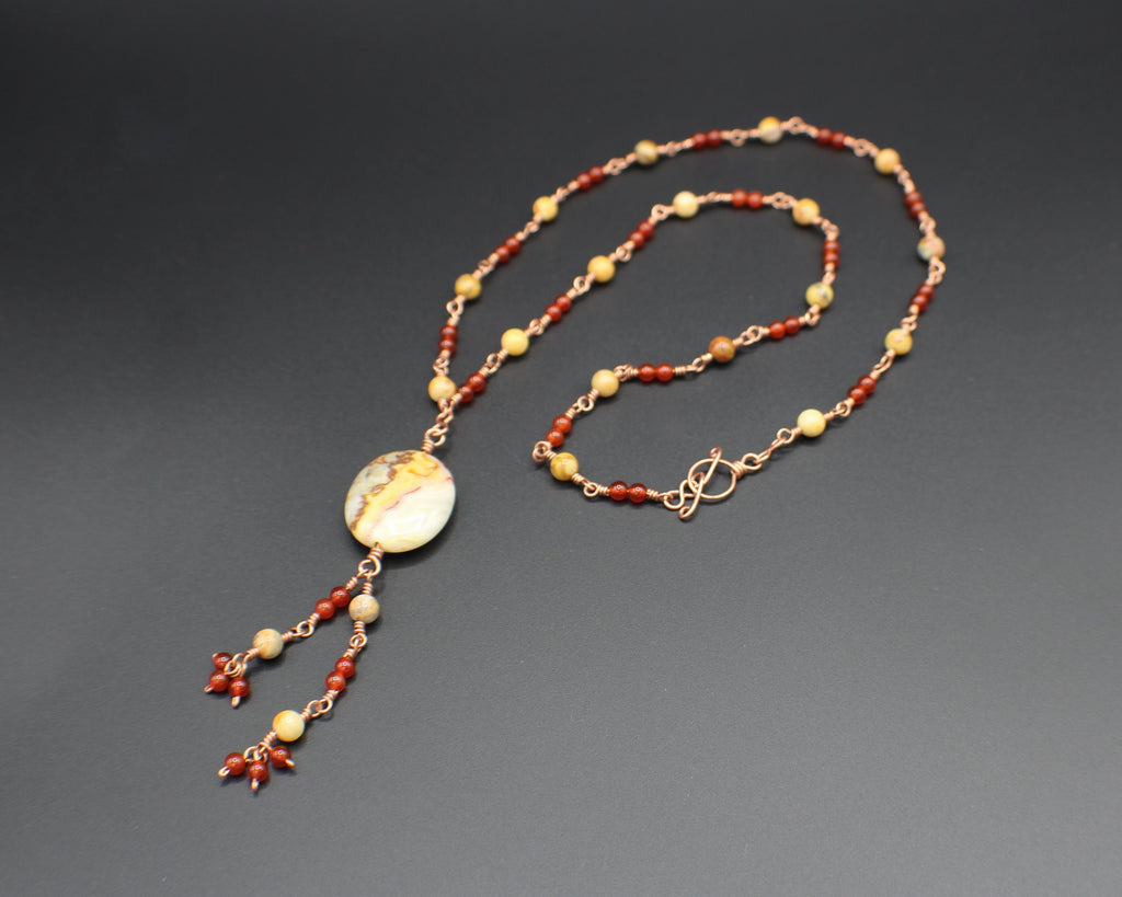 Handcrafted Crazy Lace Agate and Carnelian Necklace in Copper with Pendant Drop