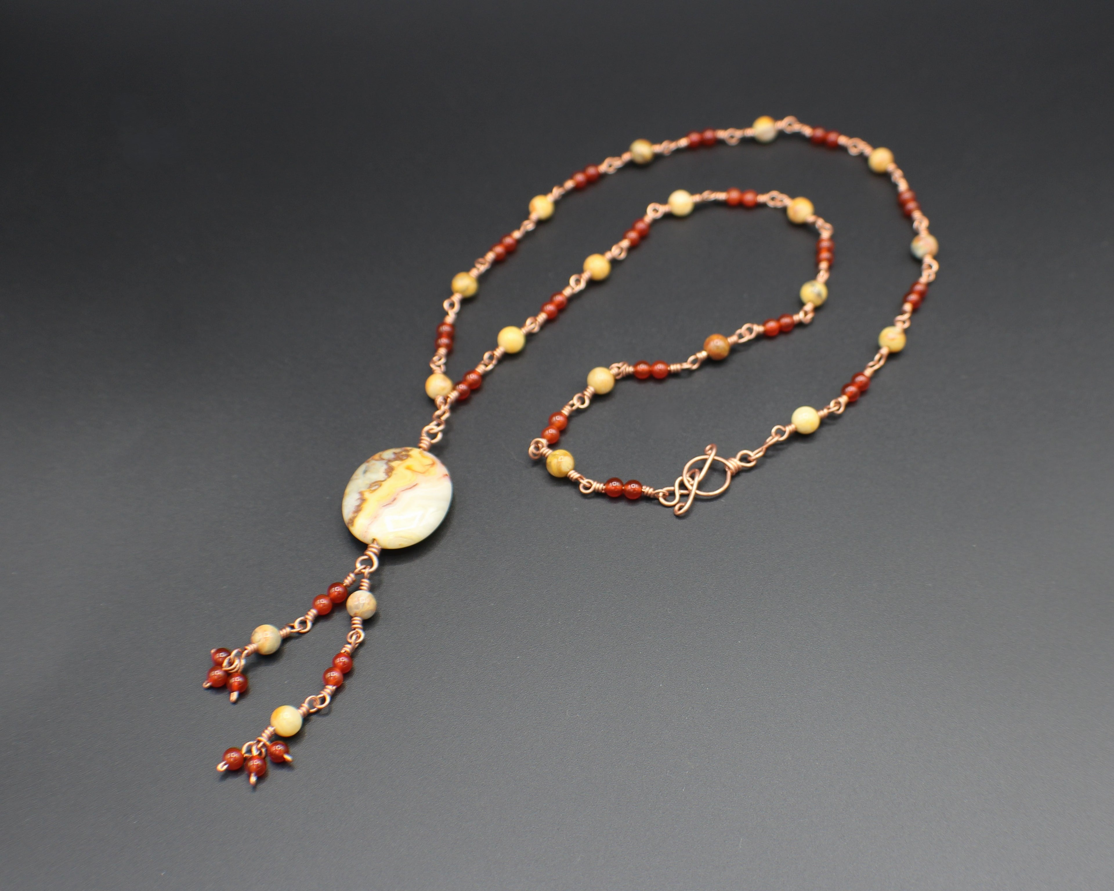 Handcrafted Crazy Lace Agate and Carnelian Necklace in Copper with Pendant Drop