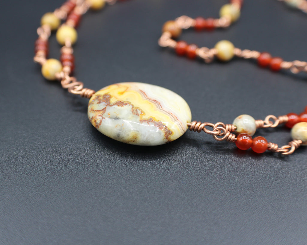 Handcrafted Crazy Lace Agate and Carnelian Necklace in Copper with Pendant Drop