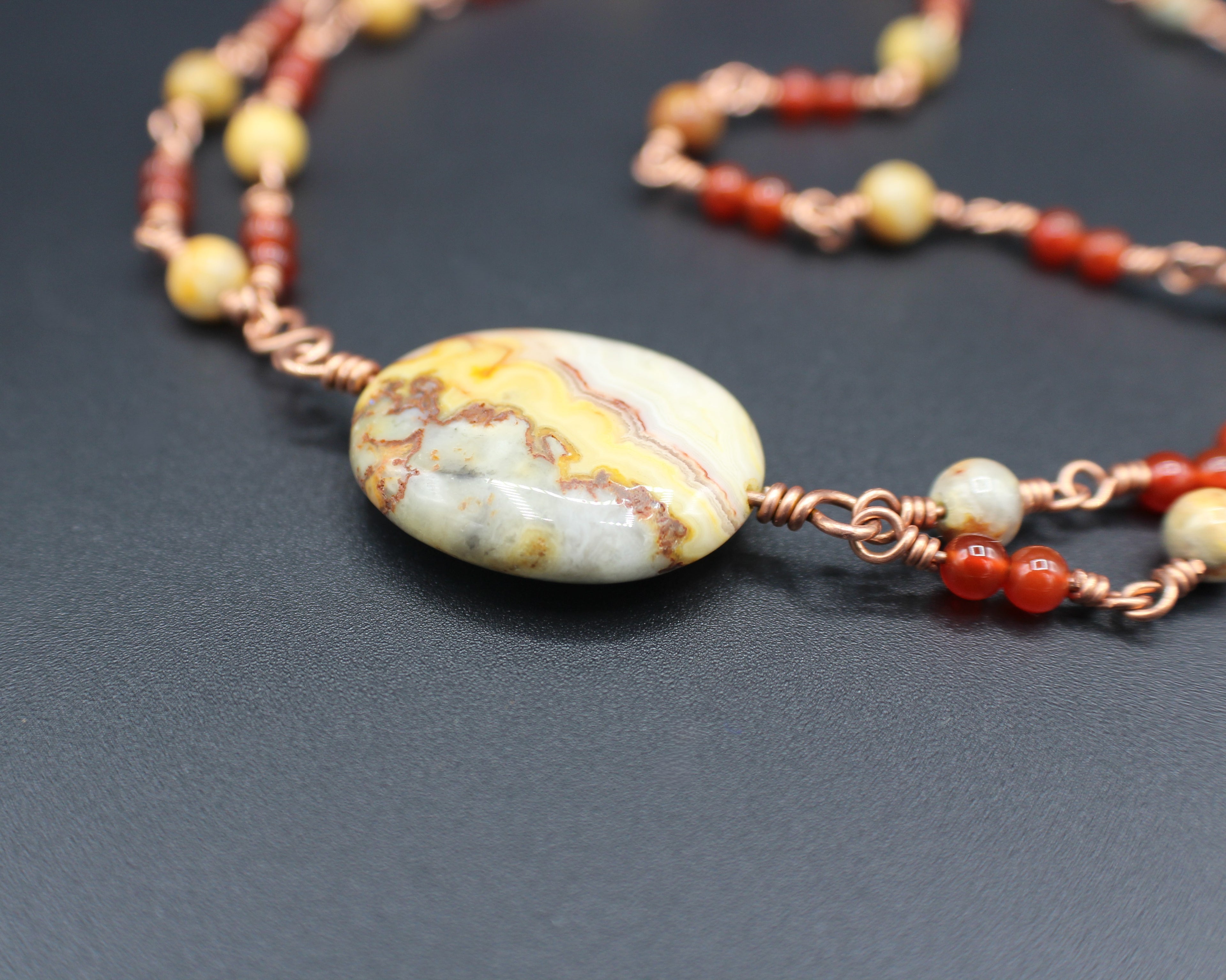 Handcrafted Crazy Lace Agate and Carnelian Necklace in Copper with Pendant Drop