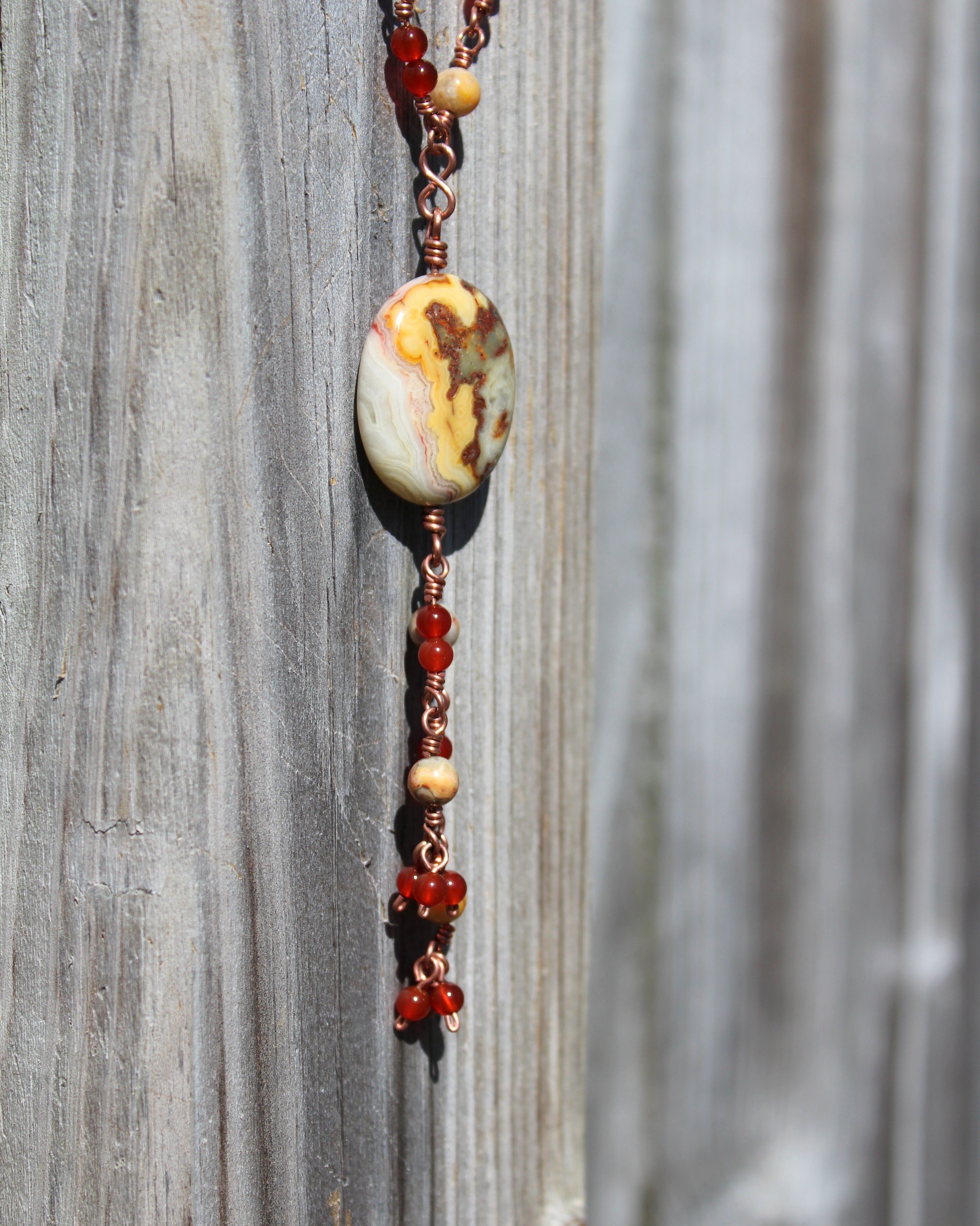 Handcrafted Crazy Lace Agate and Carnelian Necklace in Copper with Pendant Drop
