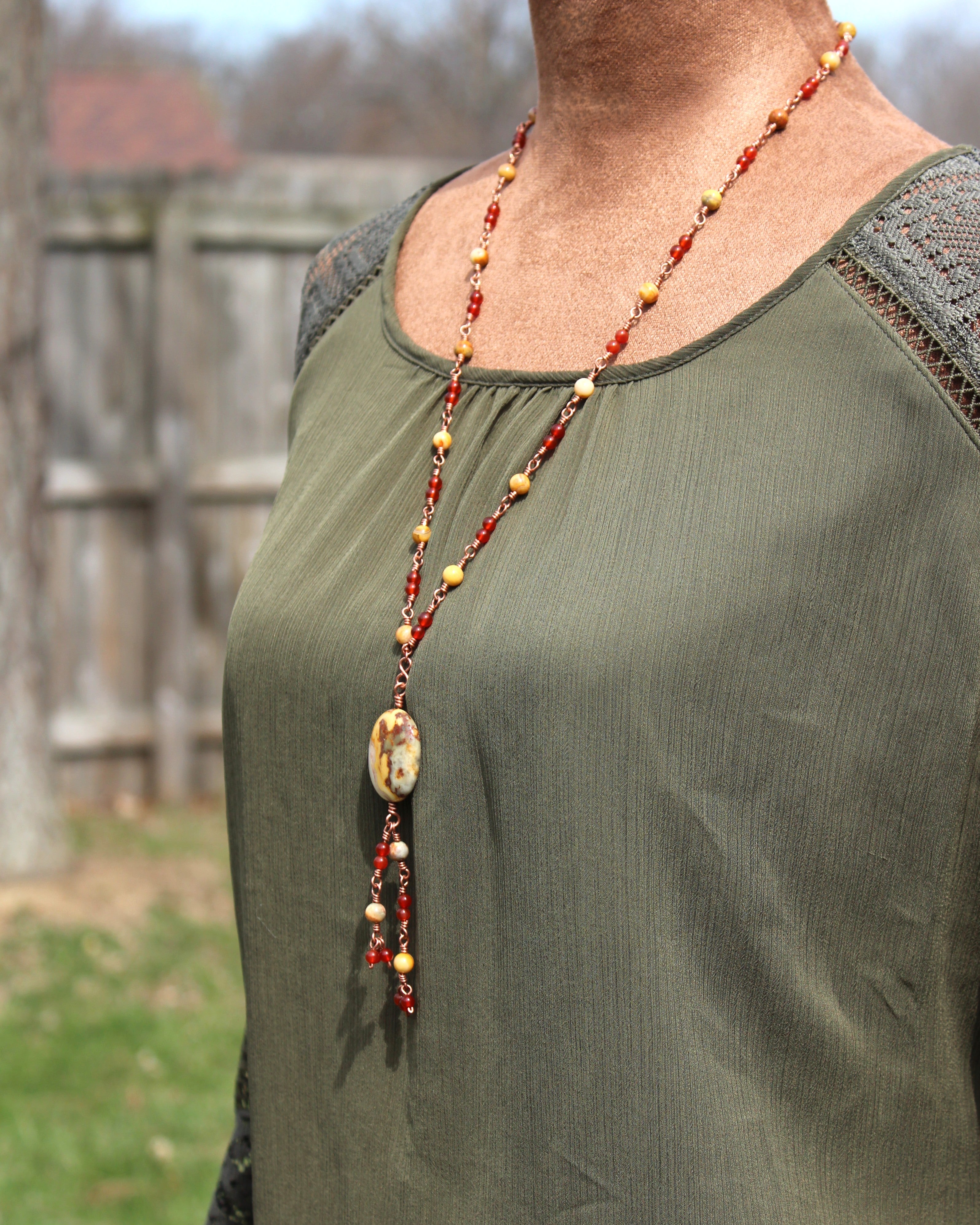 Handcrafted Crazy Lace Agate and Carnelian Necklace in Copper with Pendant Drop