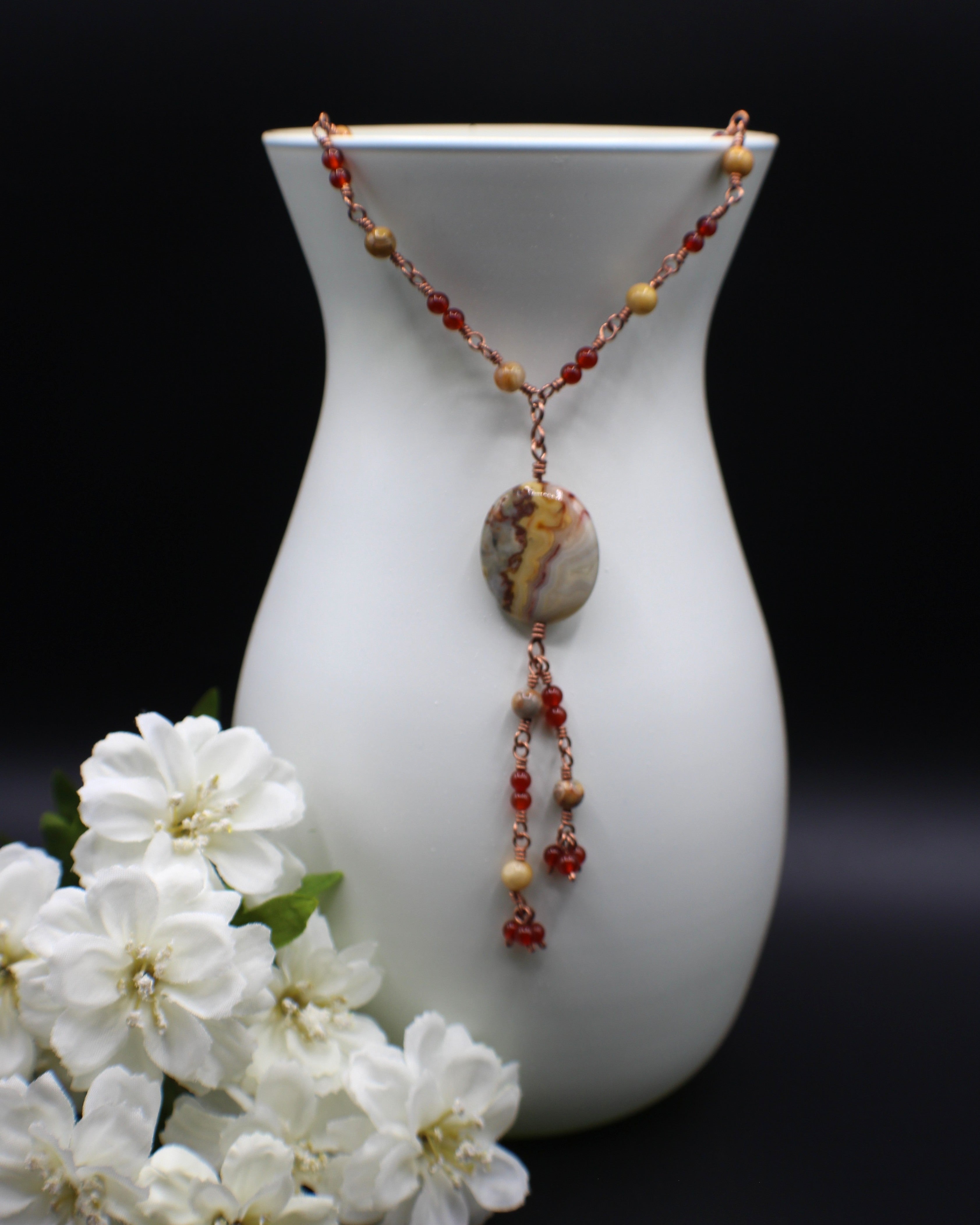 Handcrafted Crazy Lace Agate and Carnelian Necklace in Copper with Pendant Drop