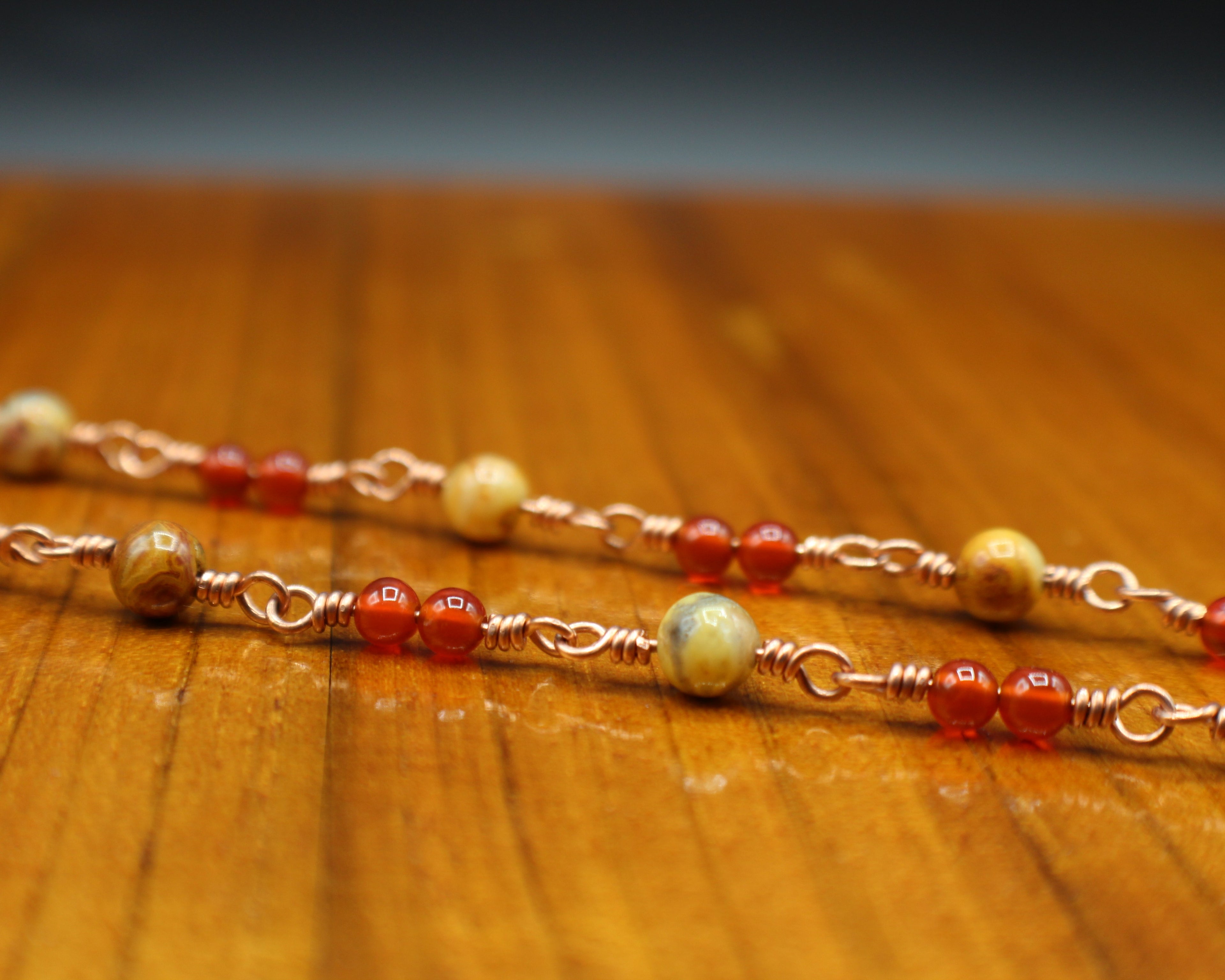Handcrafted Crazy Lace Agate and Carnelian Necklace in Copper with Pendant Drop