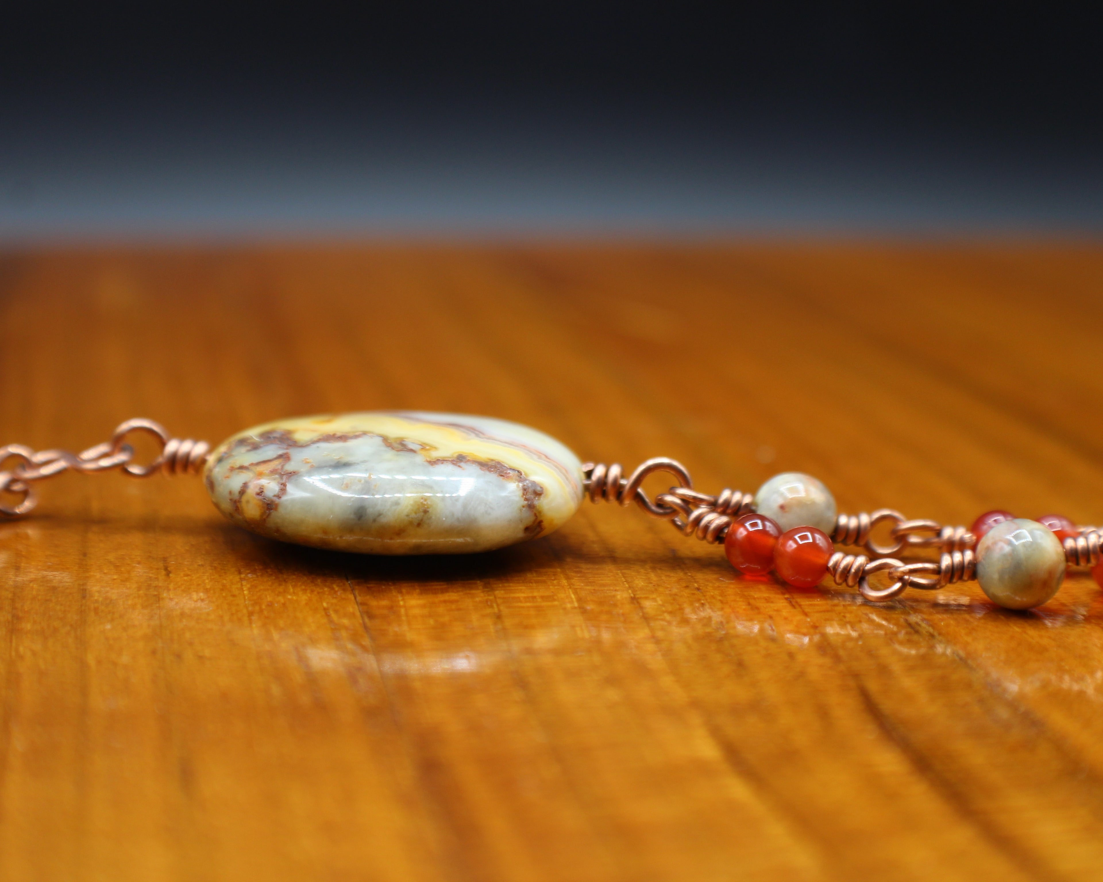 Handcrafted Crazy Lace Agate and Carnelian Necklace in Copper with Pendant Drop
