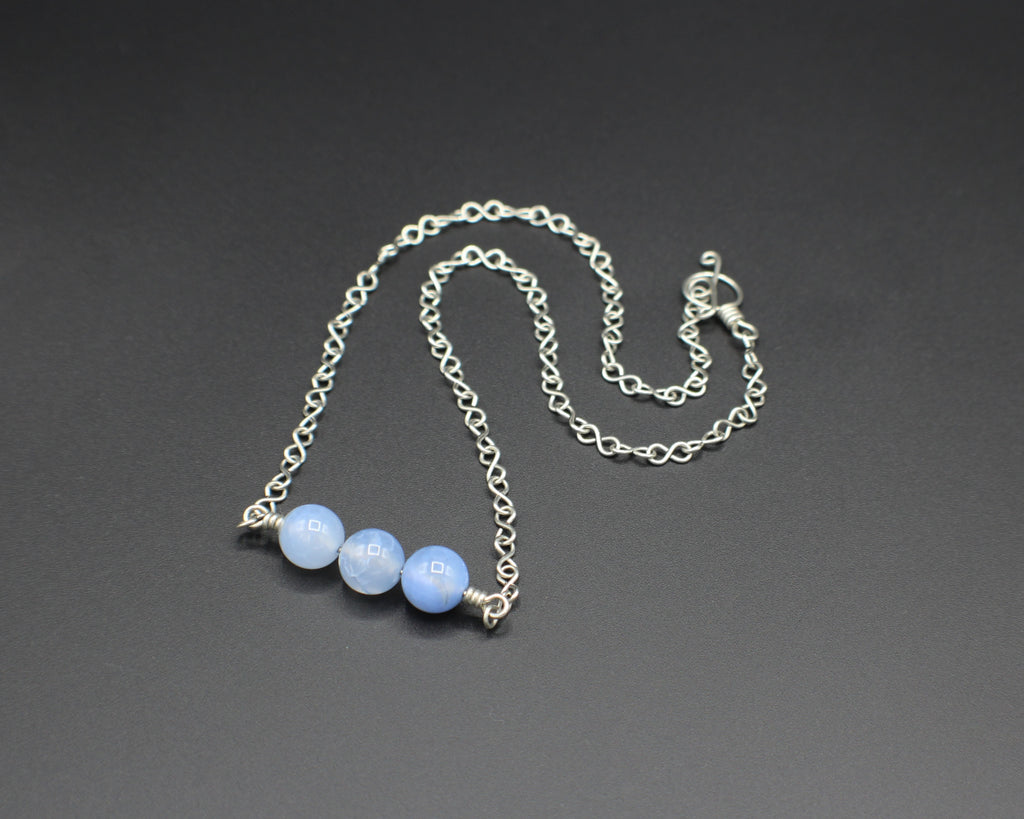 Handcrafted Triple Blue Agate Necklace with Stainless Steel Infinity Link Chain, 18"