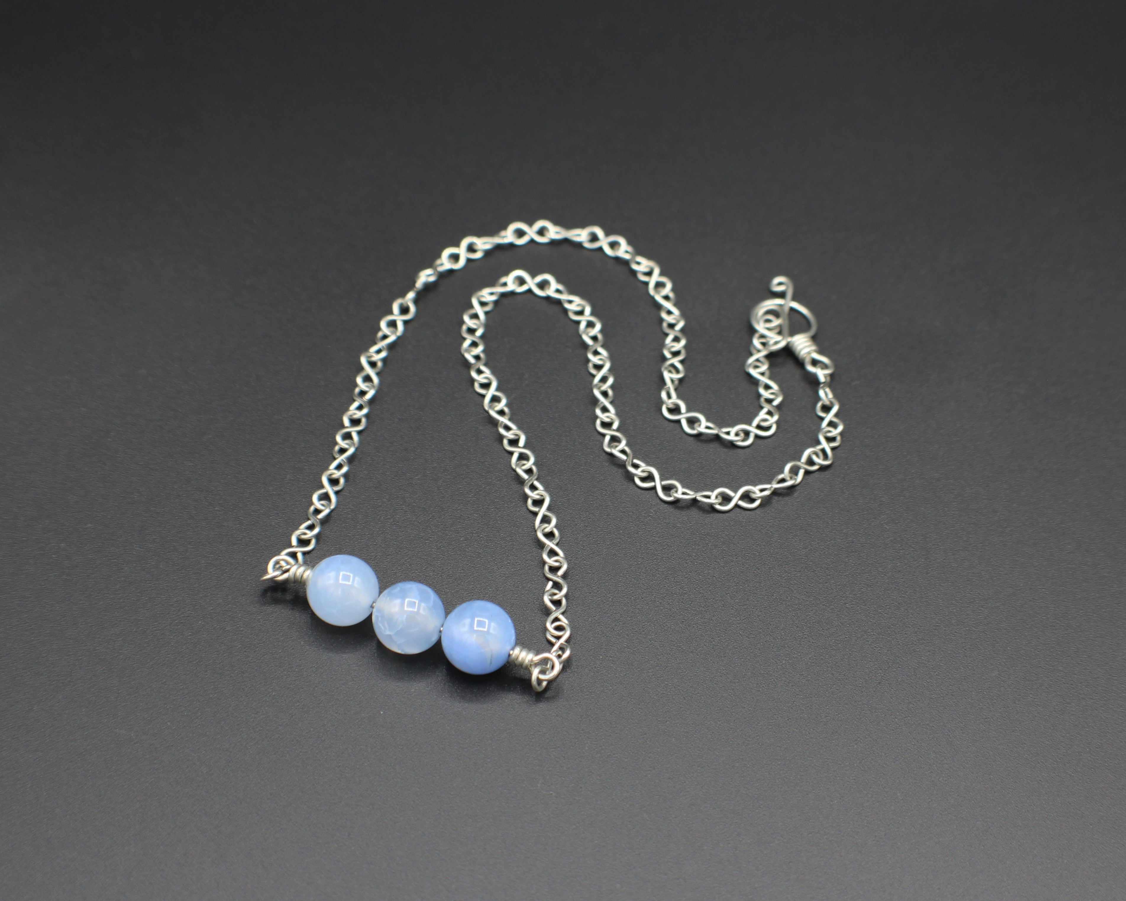 Handcrafted Triple Blue Agate Necklace with Stainless Steel Infinity Link Chain, 18"