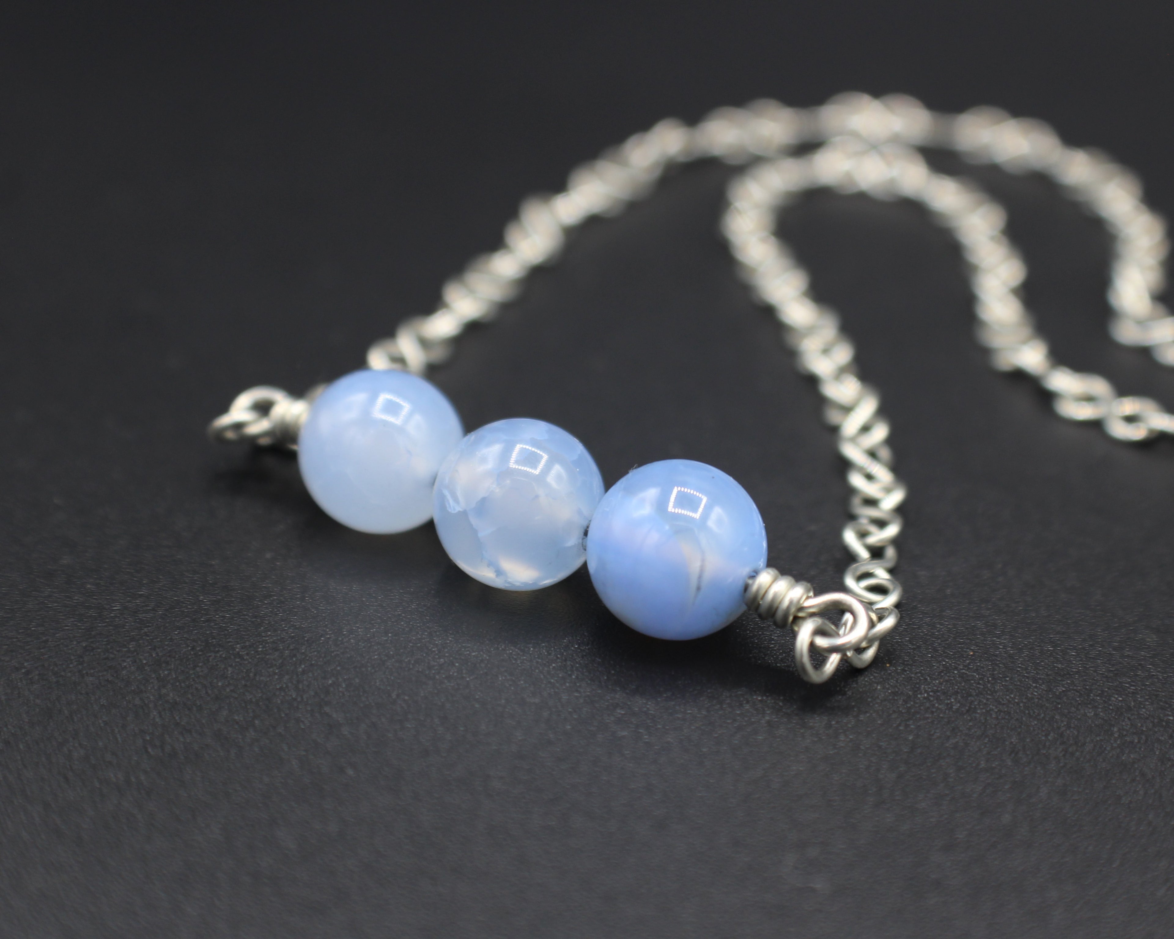 Handcrafted Triple Blue Agate Necklace with Stainless Steel Infinity Link Chain, 18"