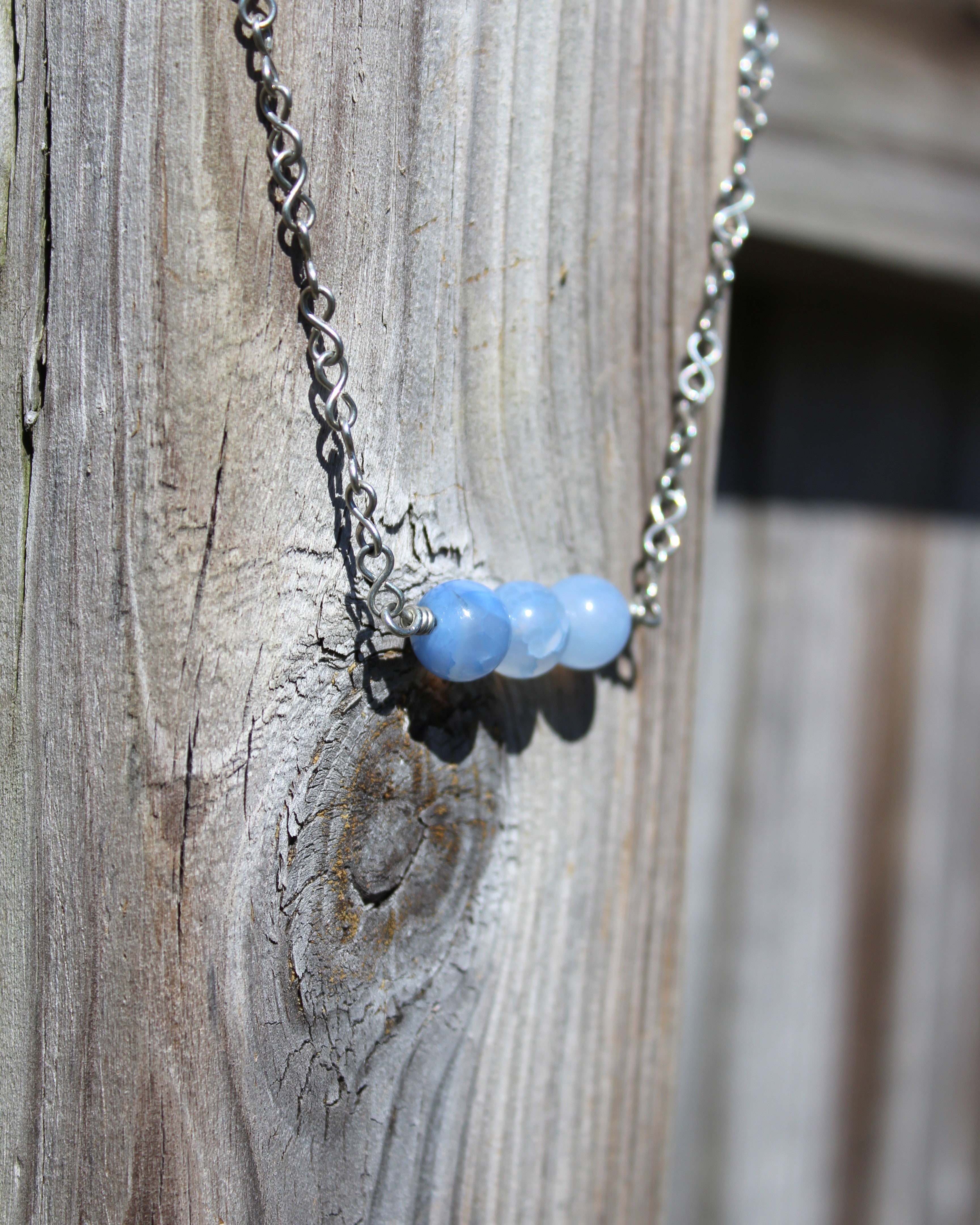 Handcrafted Triple Blue Agate Necklace with Stainless Steel Infinity Link Chain, 18"