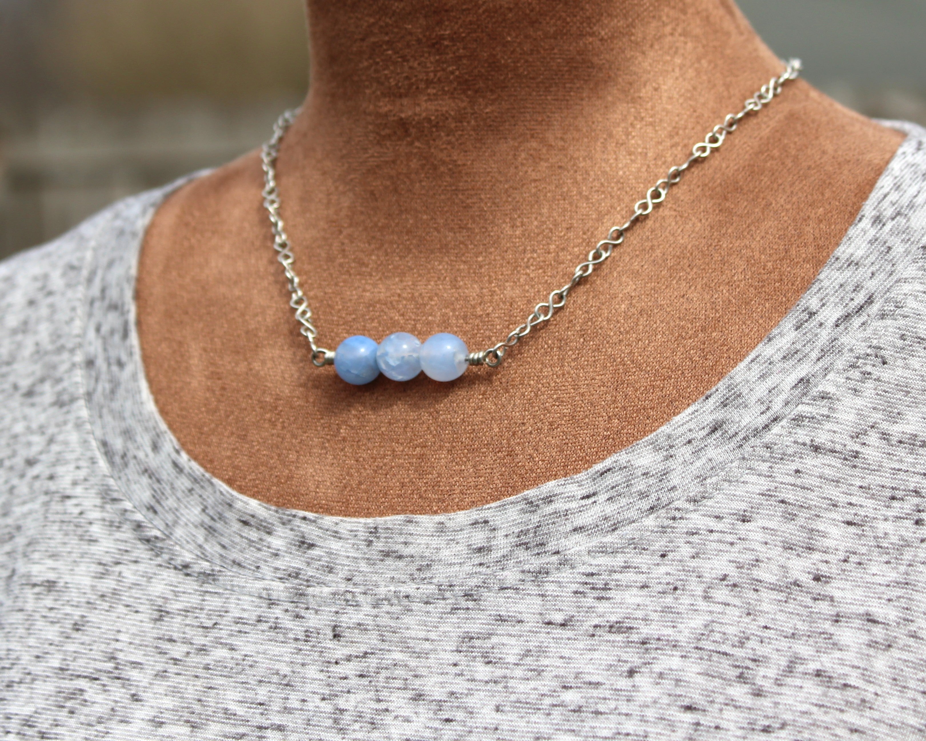 Handcrafted Triple Blue Agate Necklace with Stainless Steel Infinity Link Chain, 18"