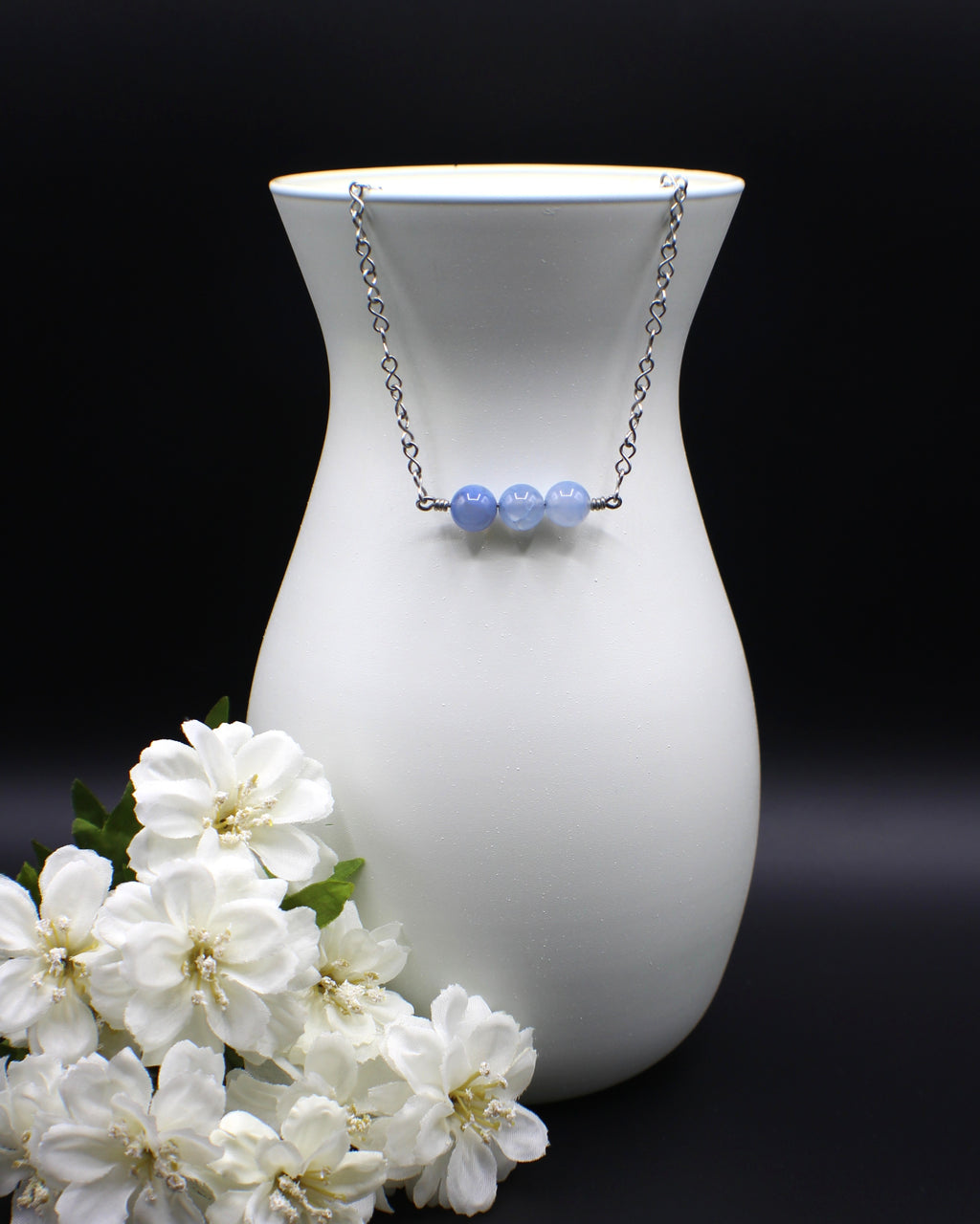 Handcrafted Triple Blue Agate Necklace with Stainless Steel Infinity Link Chain, 18"