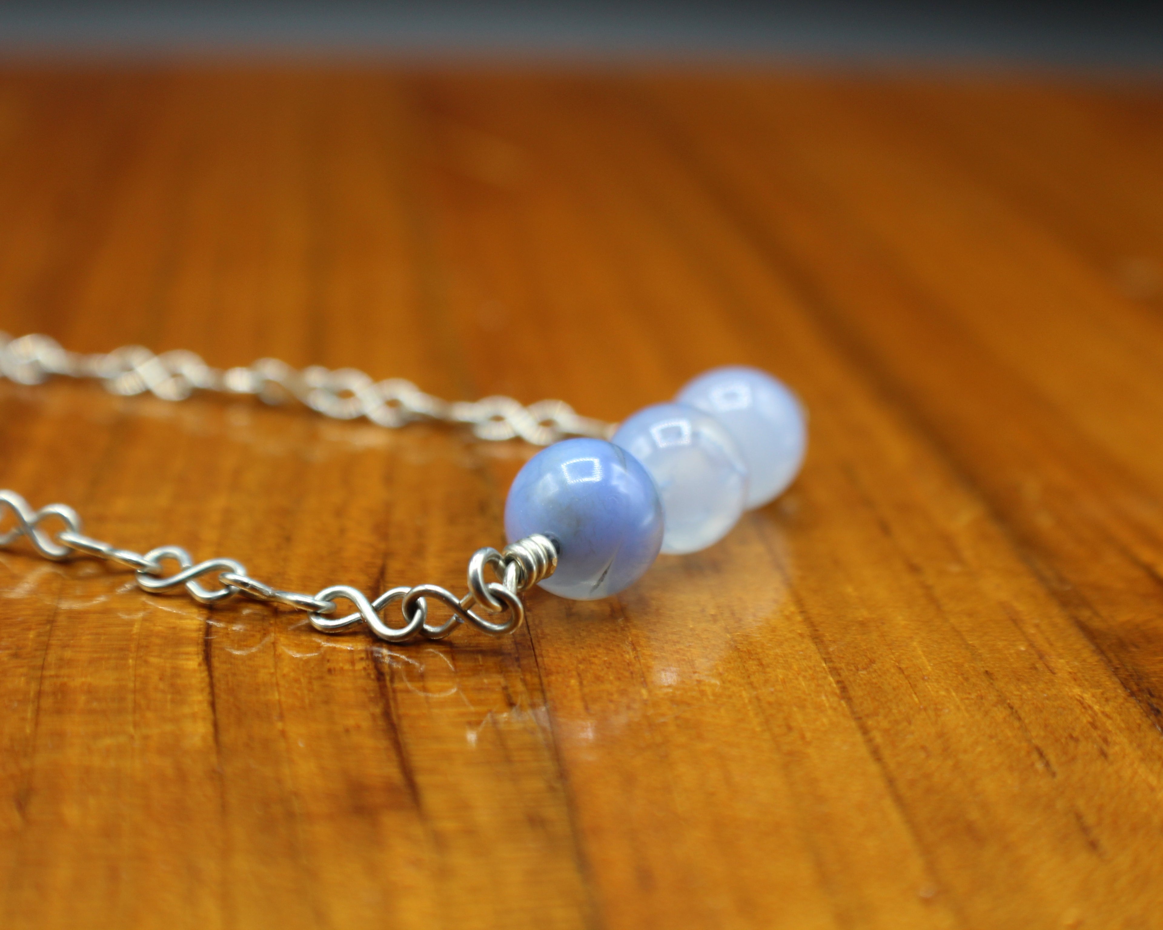 Handcrafted Triple Blue Agate Necklace with Stainless Steel Infinity Link Chain, 18"