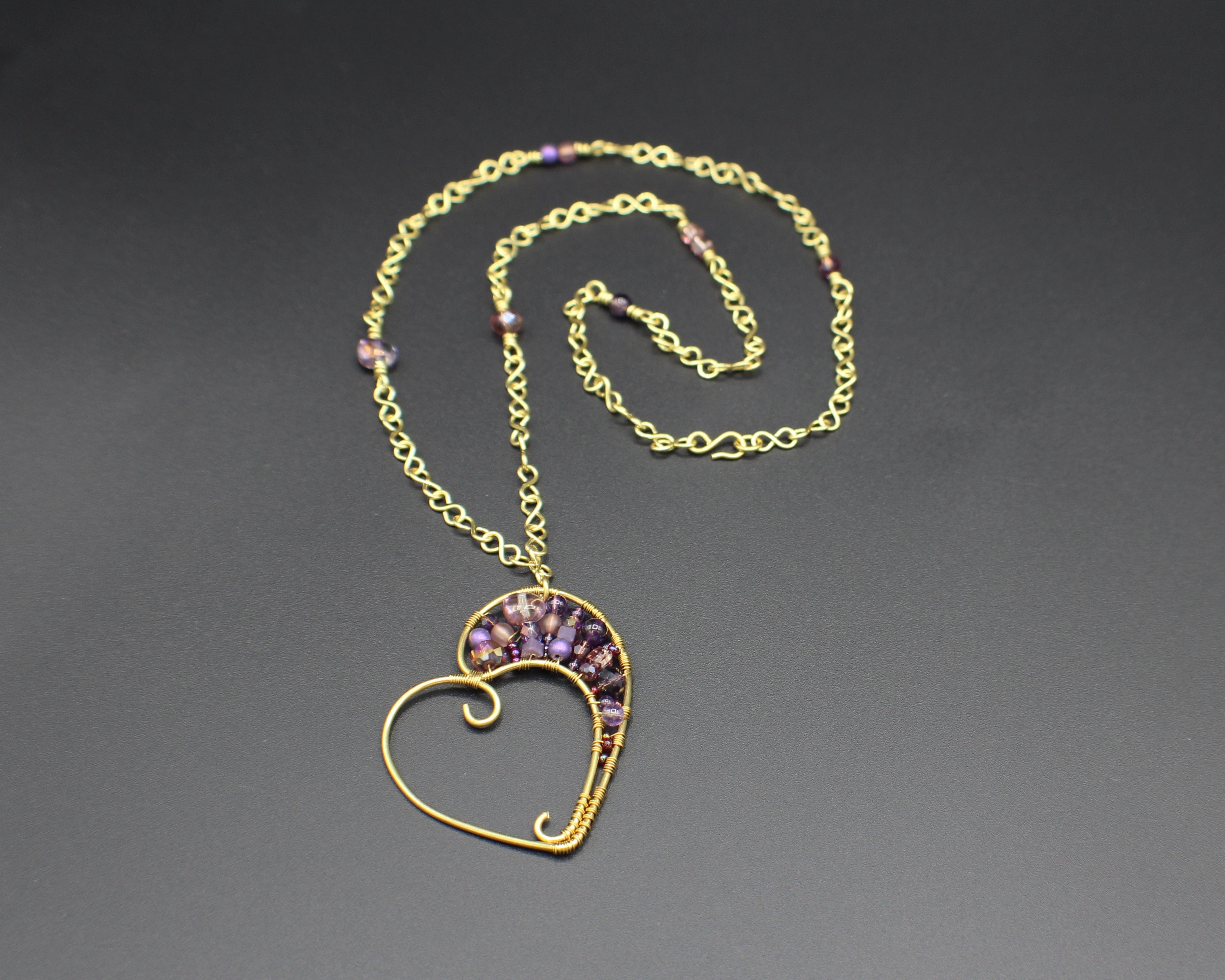 Handcrafted Wire Wrapped Heart Necklace in Brass with Purple Glass Beads, 22"