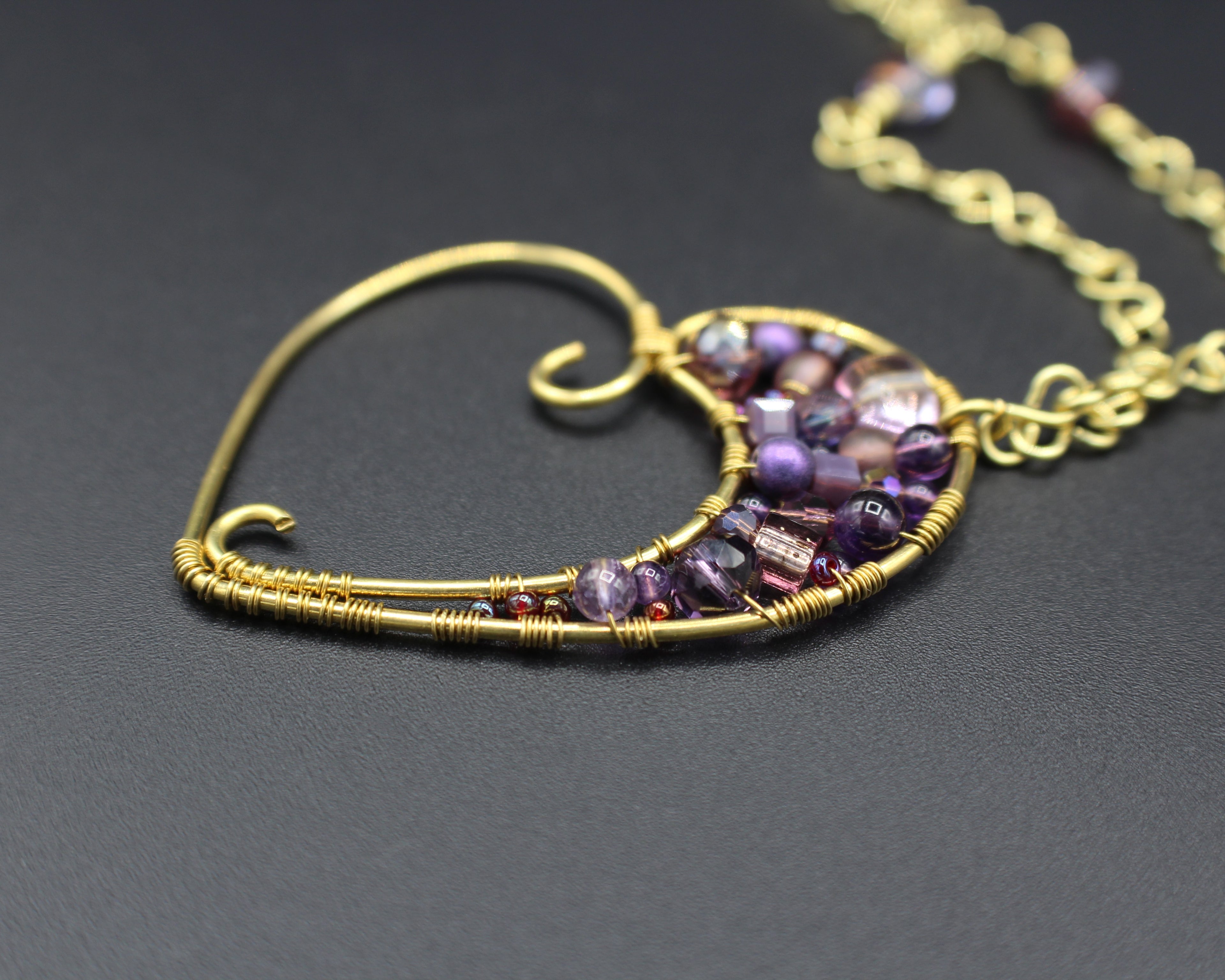 Handcrafted Wire Wrapped Heart Necklace in Brass with Purple Glass Beads, 22"
