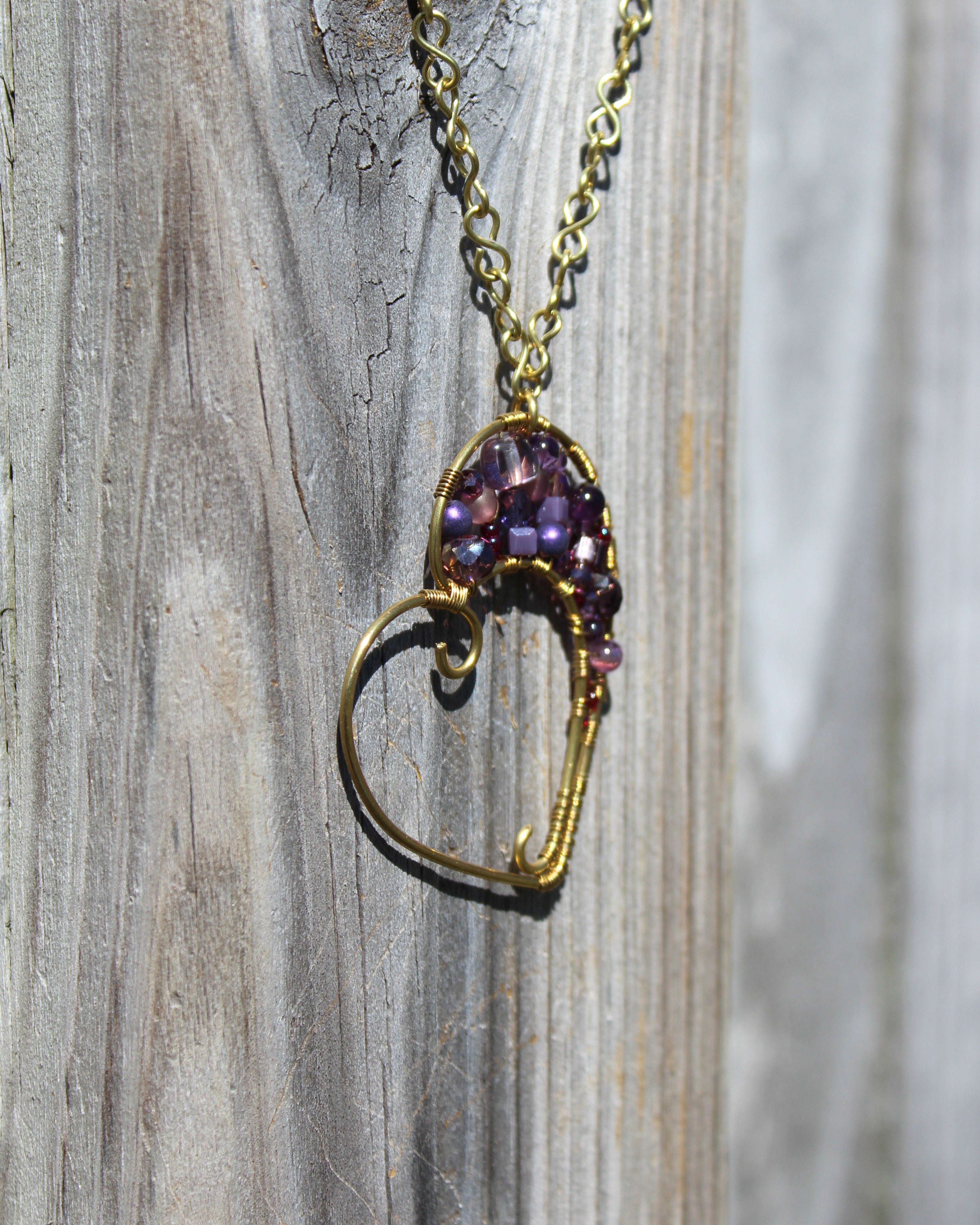 Handcrafted Wire Wrapped Heart Necklace in Brass with Purple Glass Beads, 22"