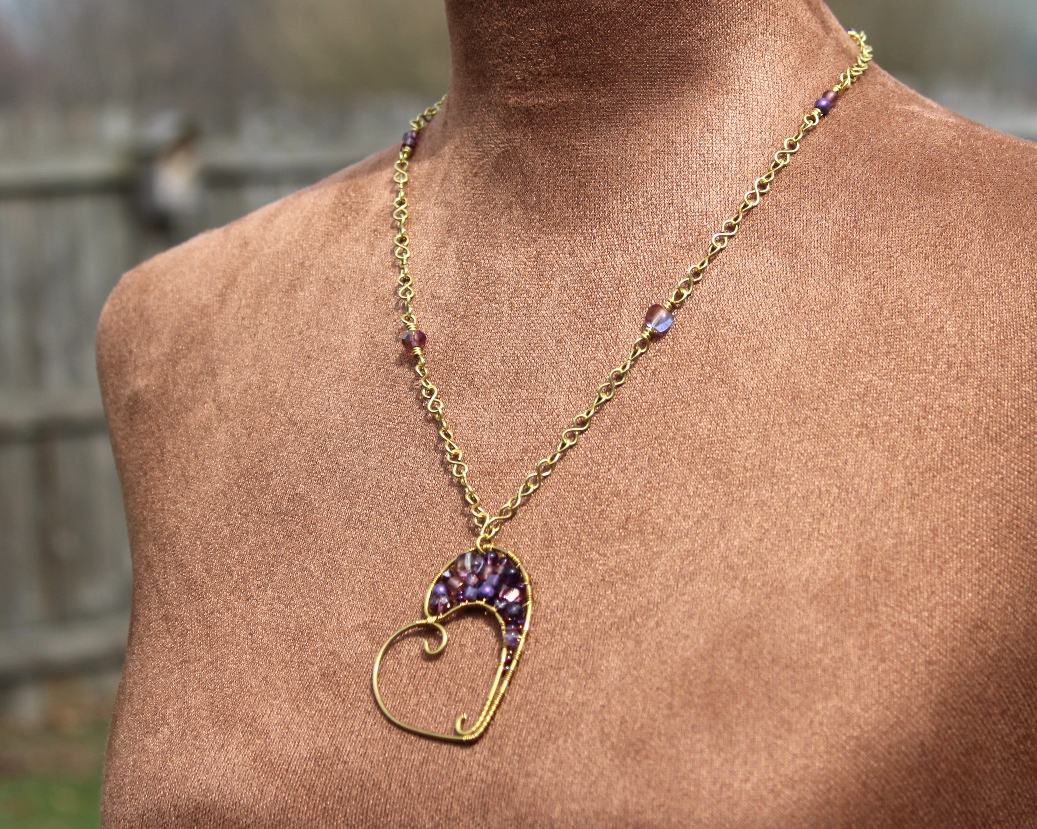 Handcrafted Wire Wrapped Heart Necklace in Brass with Purple Glass Beads, 22"
