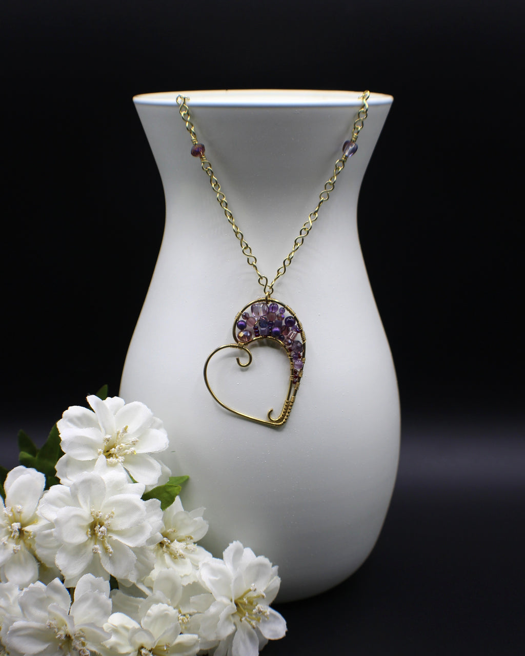 Handcrafted Wire Wrapped Heart Necklace in Brass with Purple Glass Beads, 22"