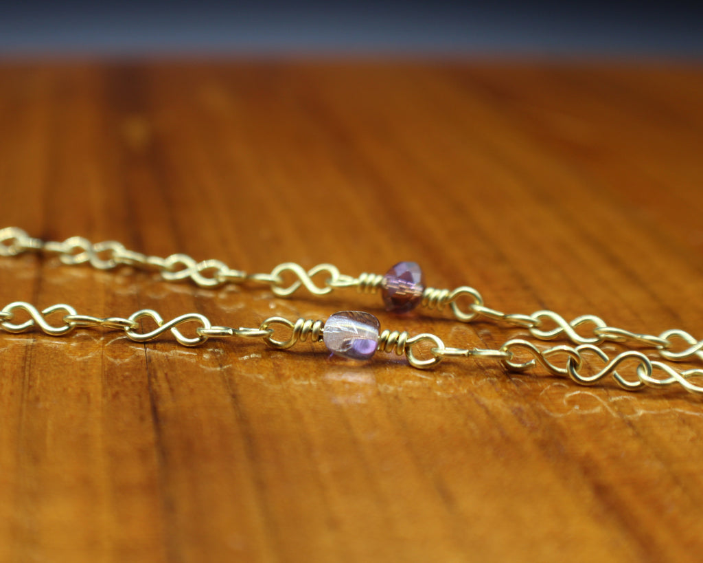 Handcrafted Wire Wrapped Heart Necklace in Brass with Purple Glass Beads, 22"