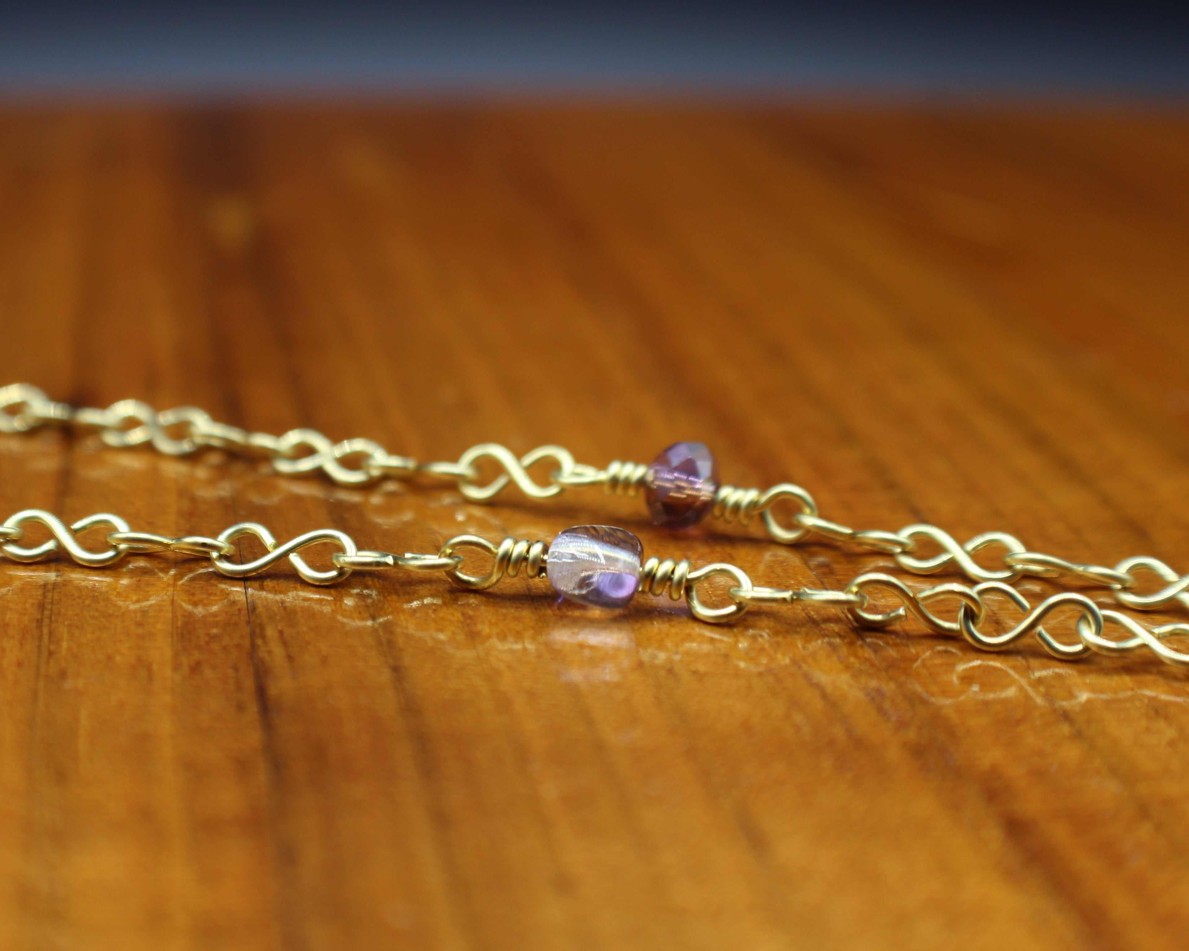 Handcrafted Wire Wrapped Heart Necklace in Brass with Purple Glass Beads, 22"