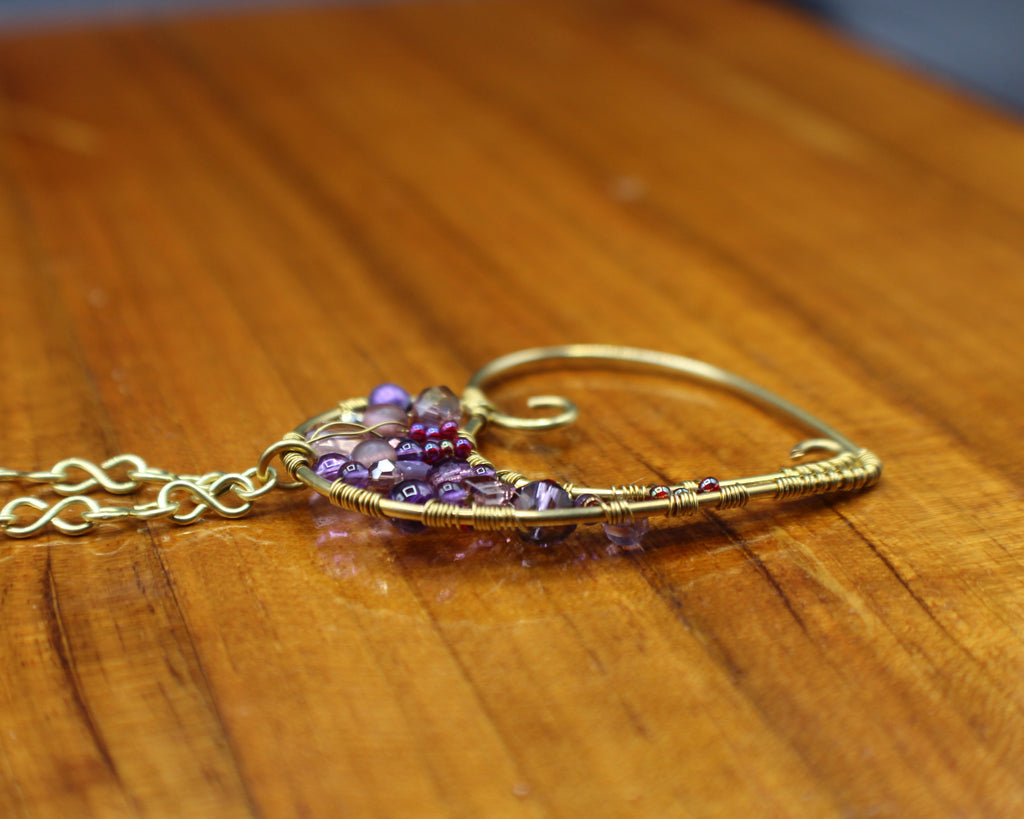 Handcrafted Wire Wrapped Heart Necklace in Brass with Purple Glass Beads, 22"