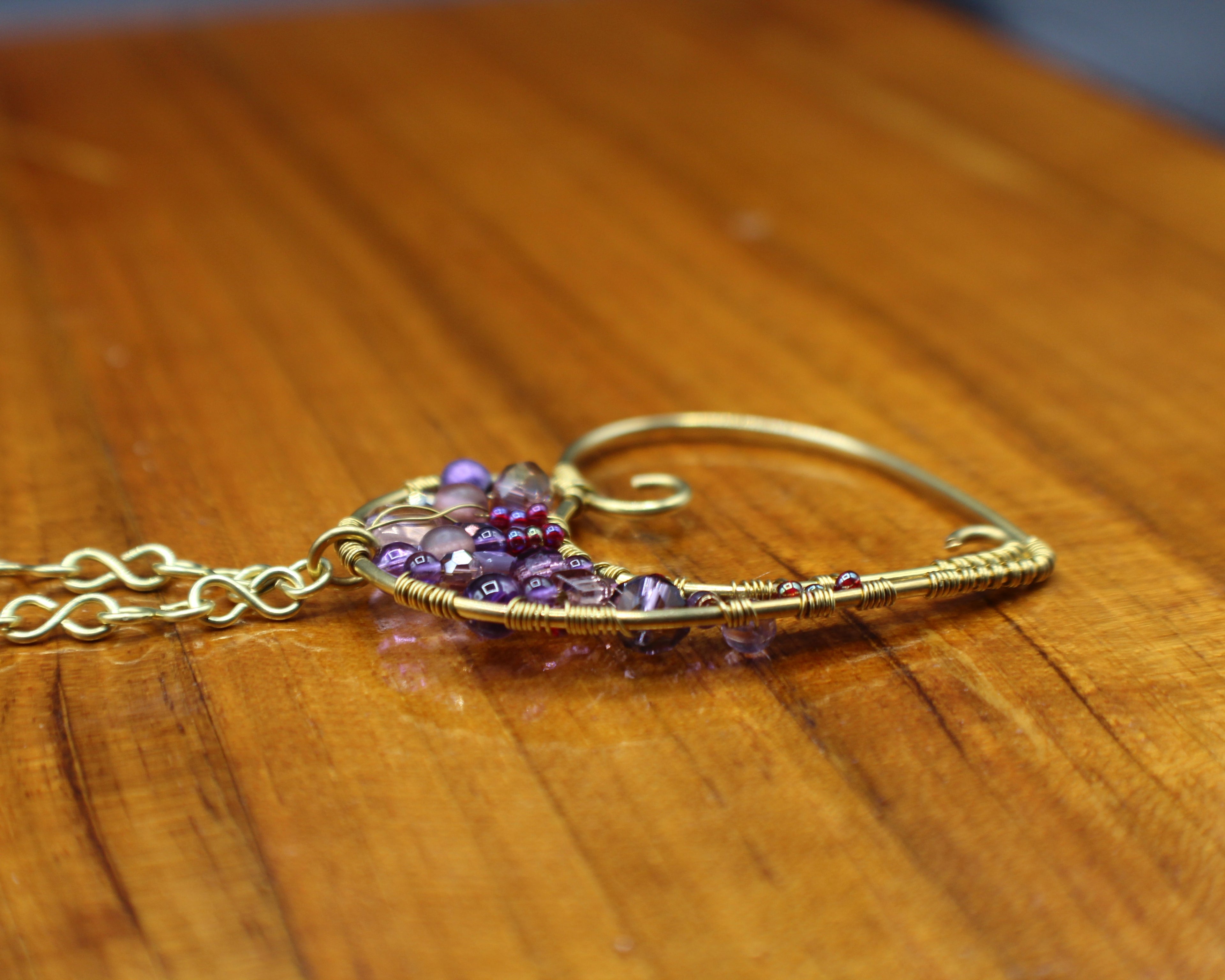 Handcrafted Wire Wrapped Heart Necklace in Brass with Purple Glass Beads, 22"