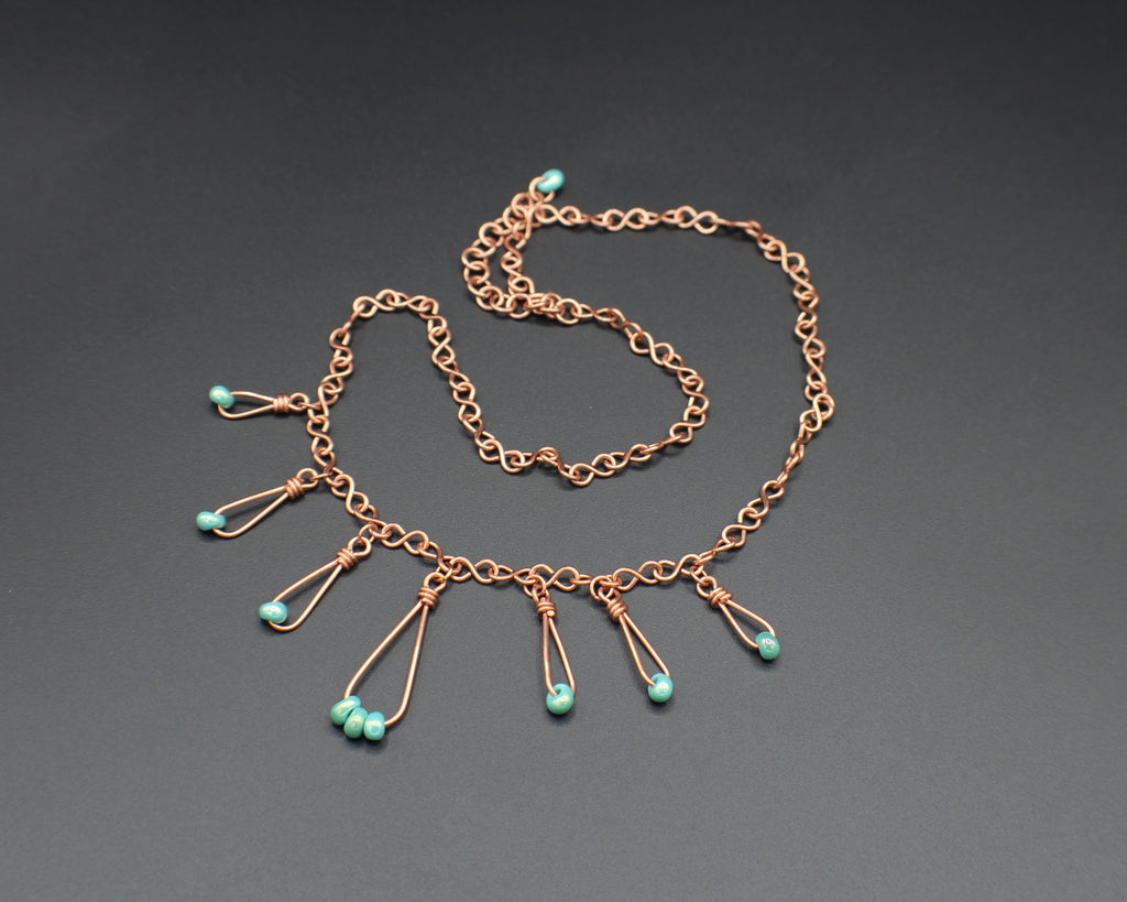 Handcrafted Copper Necklace with Aqua Glass Bead Drops, Adjustable 18"–21"