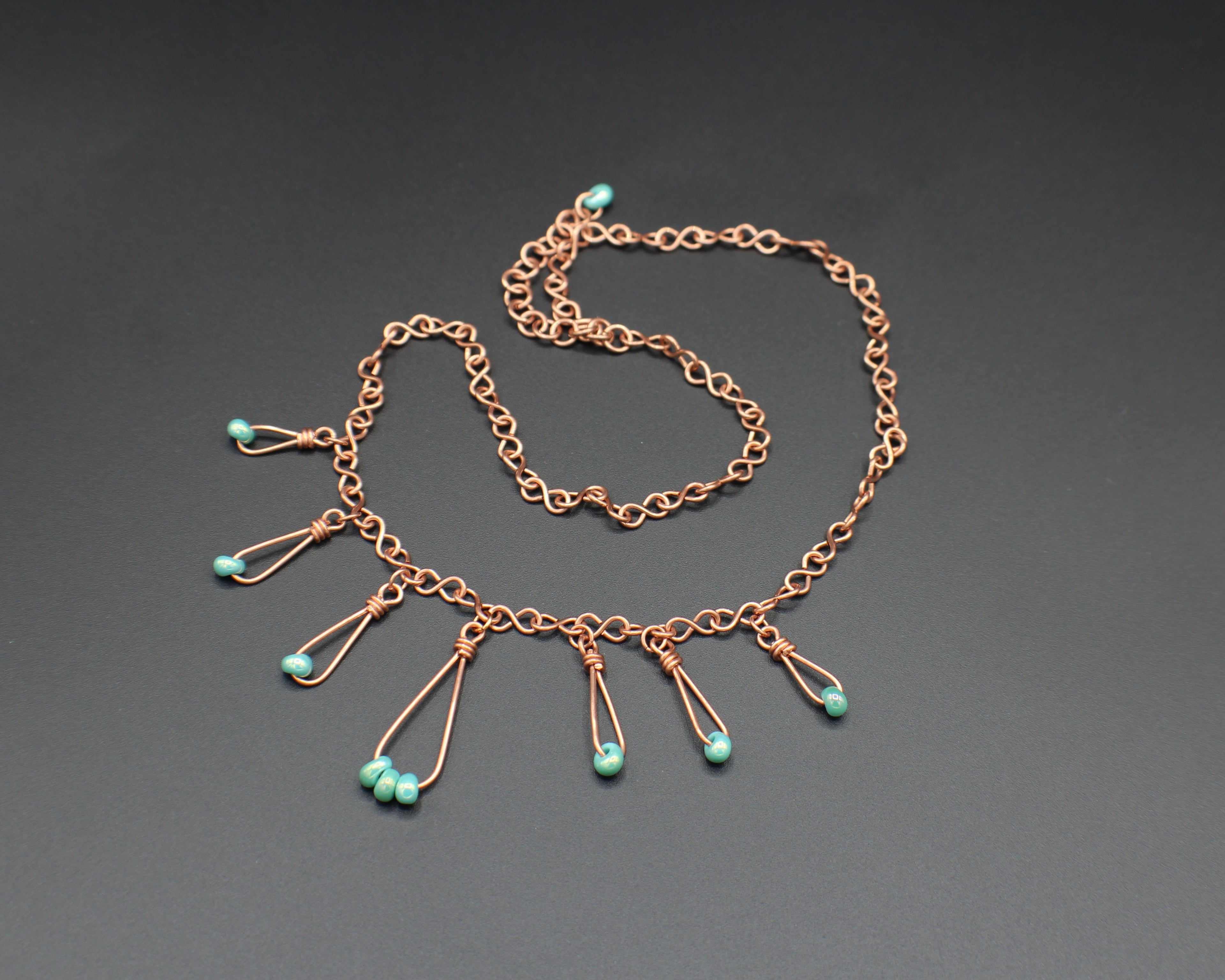 Handcrafted Copper Necklace with Aqua Glass Bead Drops, Adjustable 18"–21"