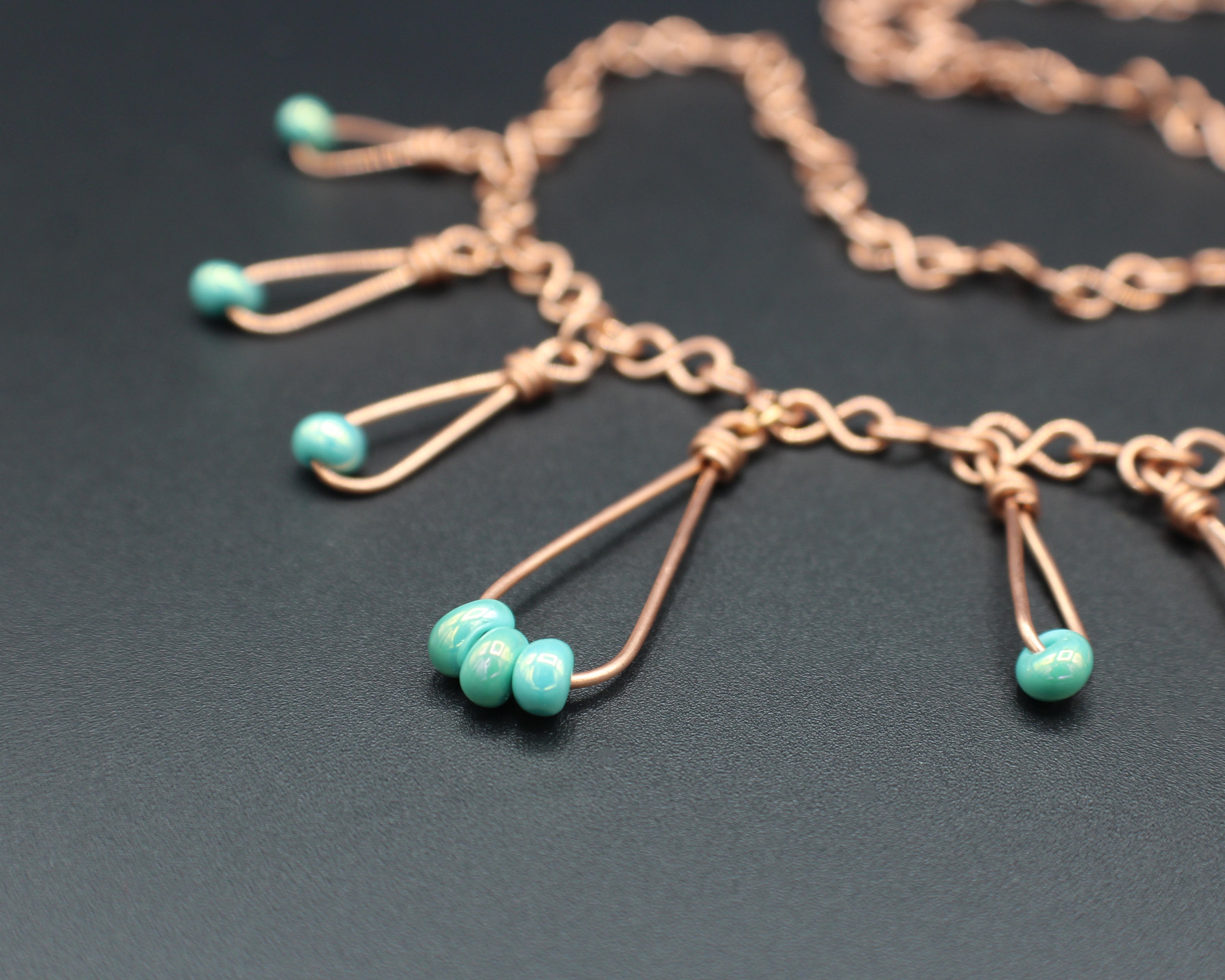 Handcrafted Copper Necklace with Aqua Glass Bead Drops, Adjustable 18"–21"