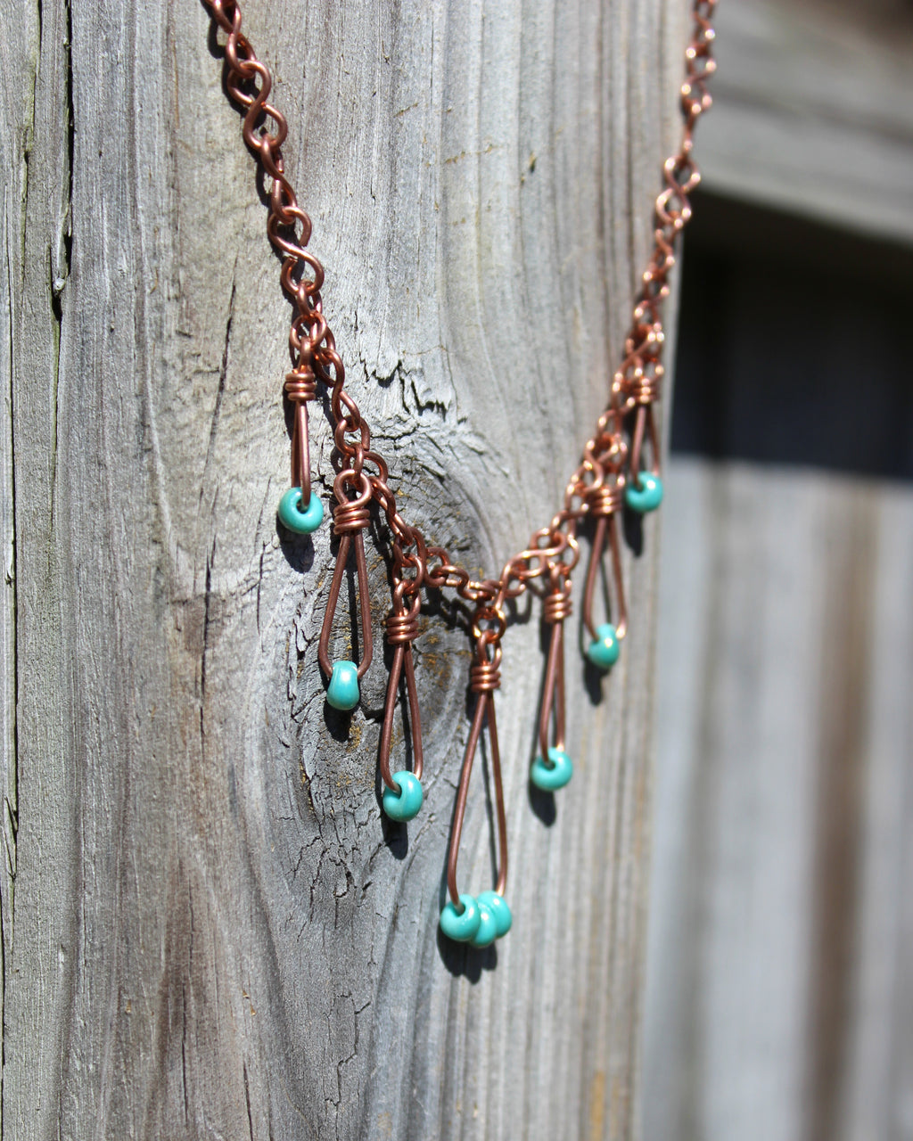 Handcrafted Copper Necklace with Aqua Glass Bead Drops, Adjustable 18"–21"