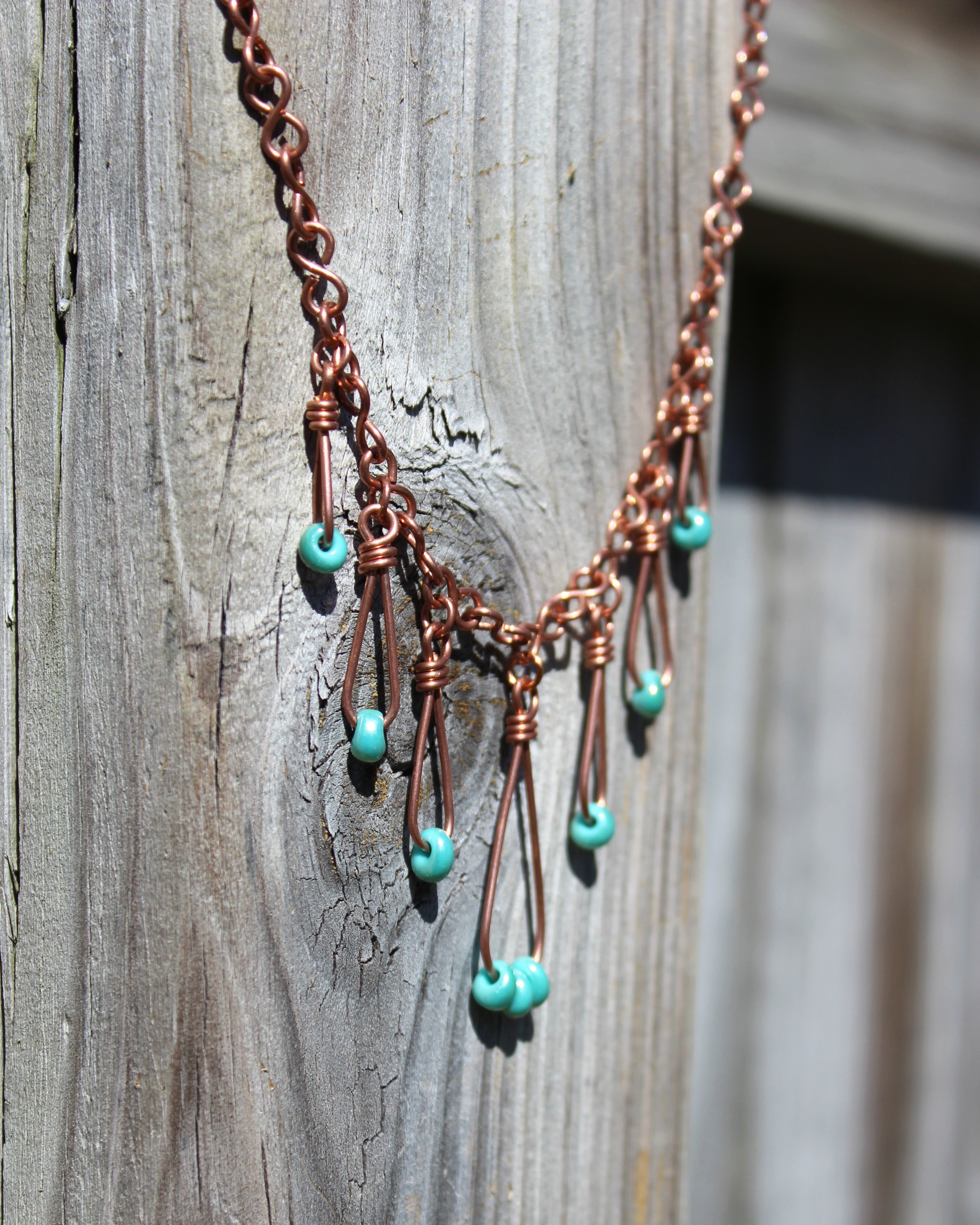 Handcrafted Copper Necklace with Aqua Glass Bead Drops, Adjustable 18"–21"