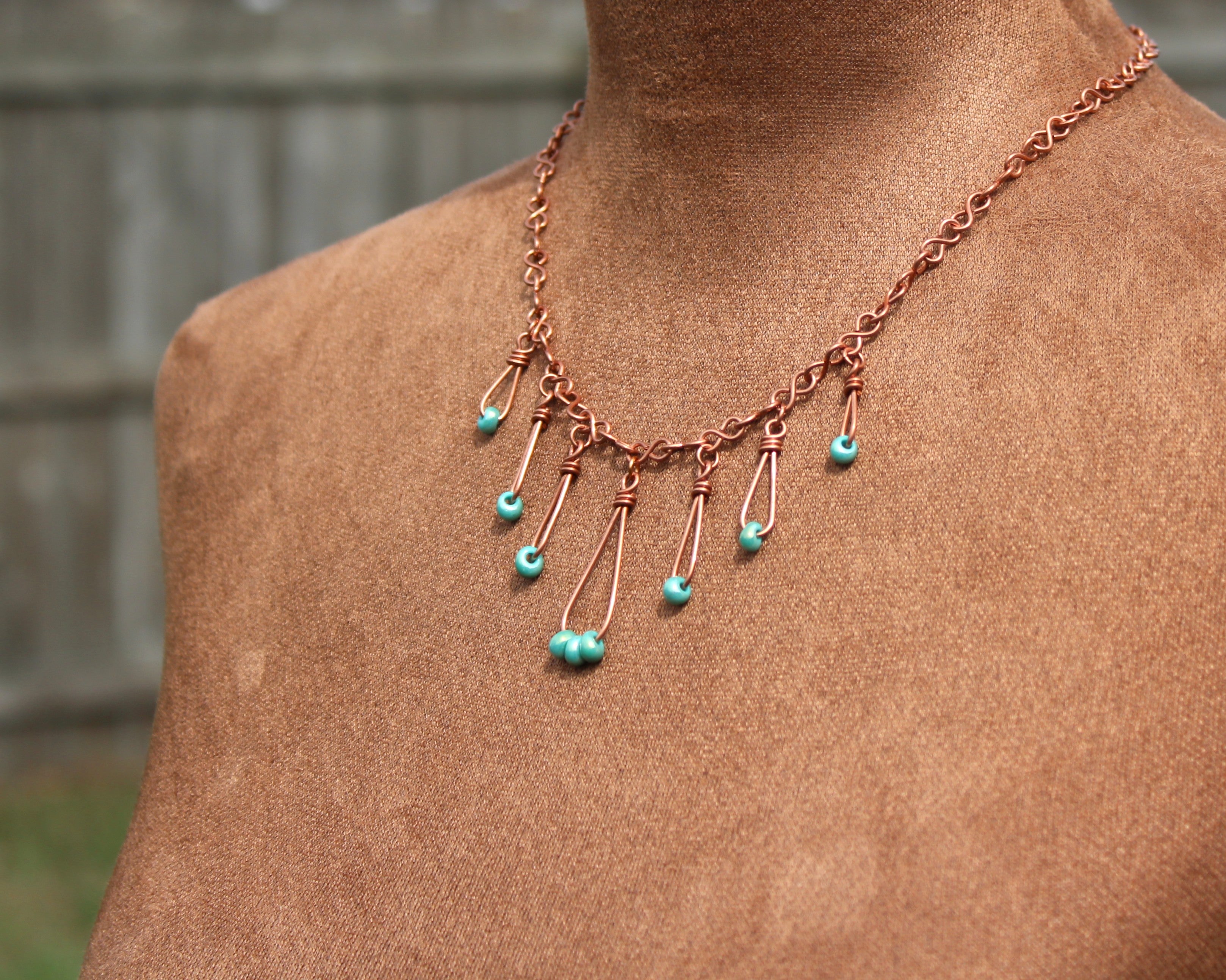 Handcrafted Copper Necklace with Aqua Glass Bead Drops, Adjustable 18"–21"
