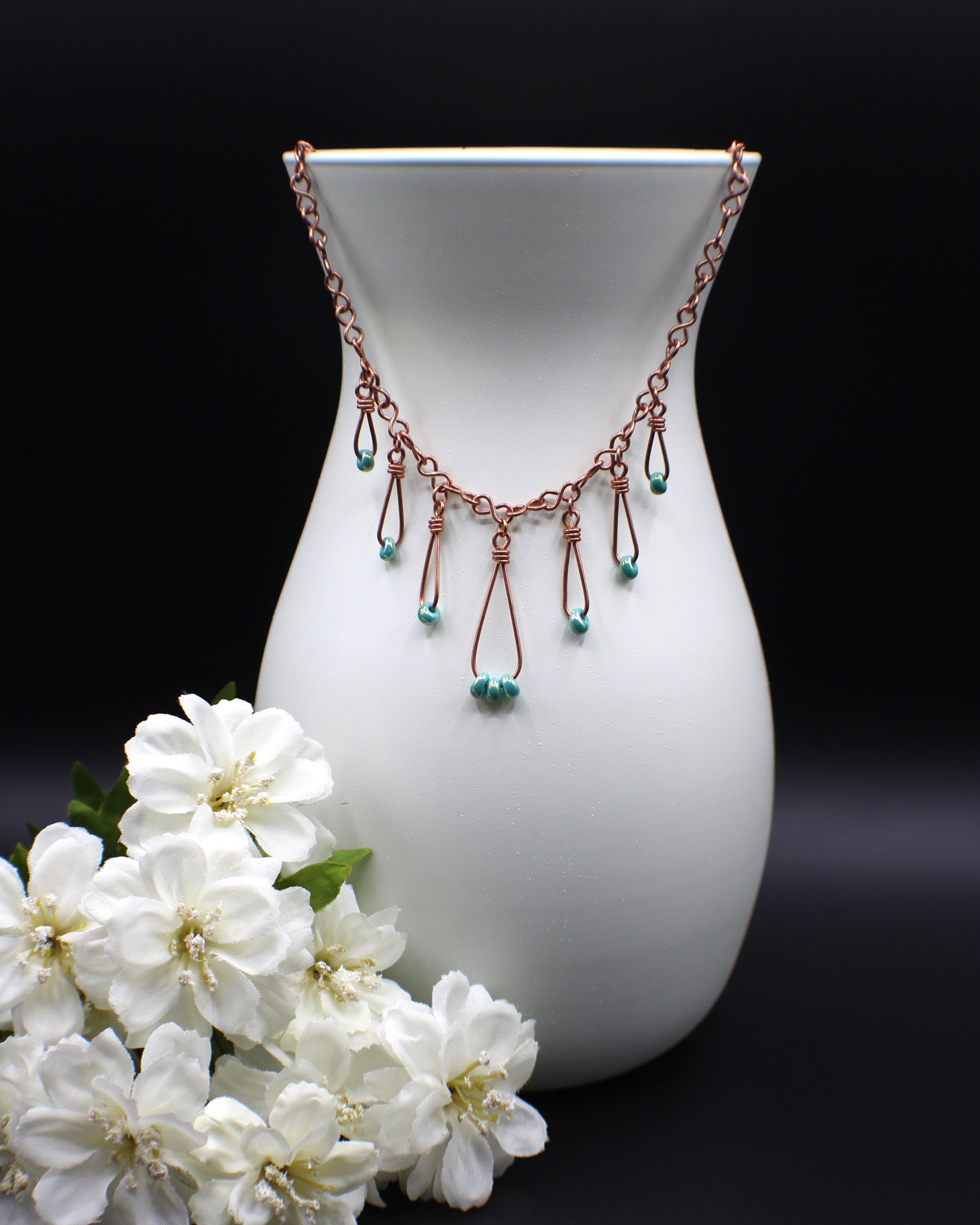 Handcrafted Copper Necklace with Aqua Glass Bead Drops, Adjustable 18"–21"