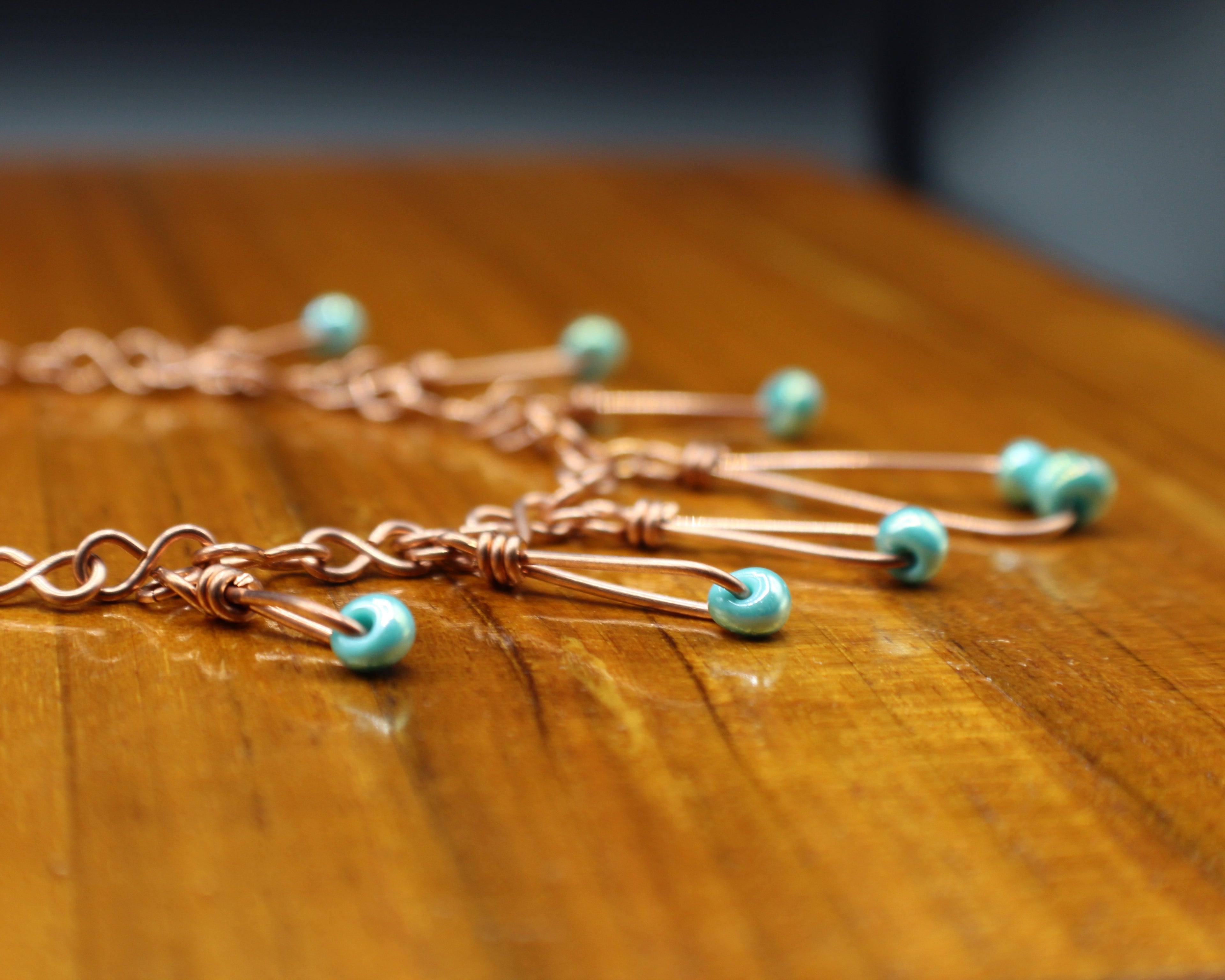 Handcrafted Copper Necklace with Aqua Glass Bead Drops, Adjustable 18"–21"