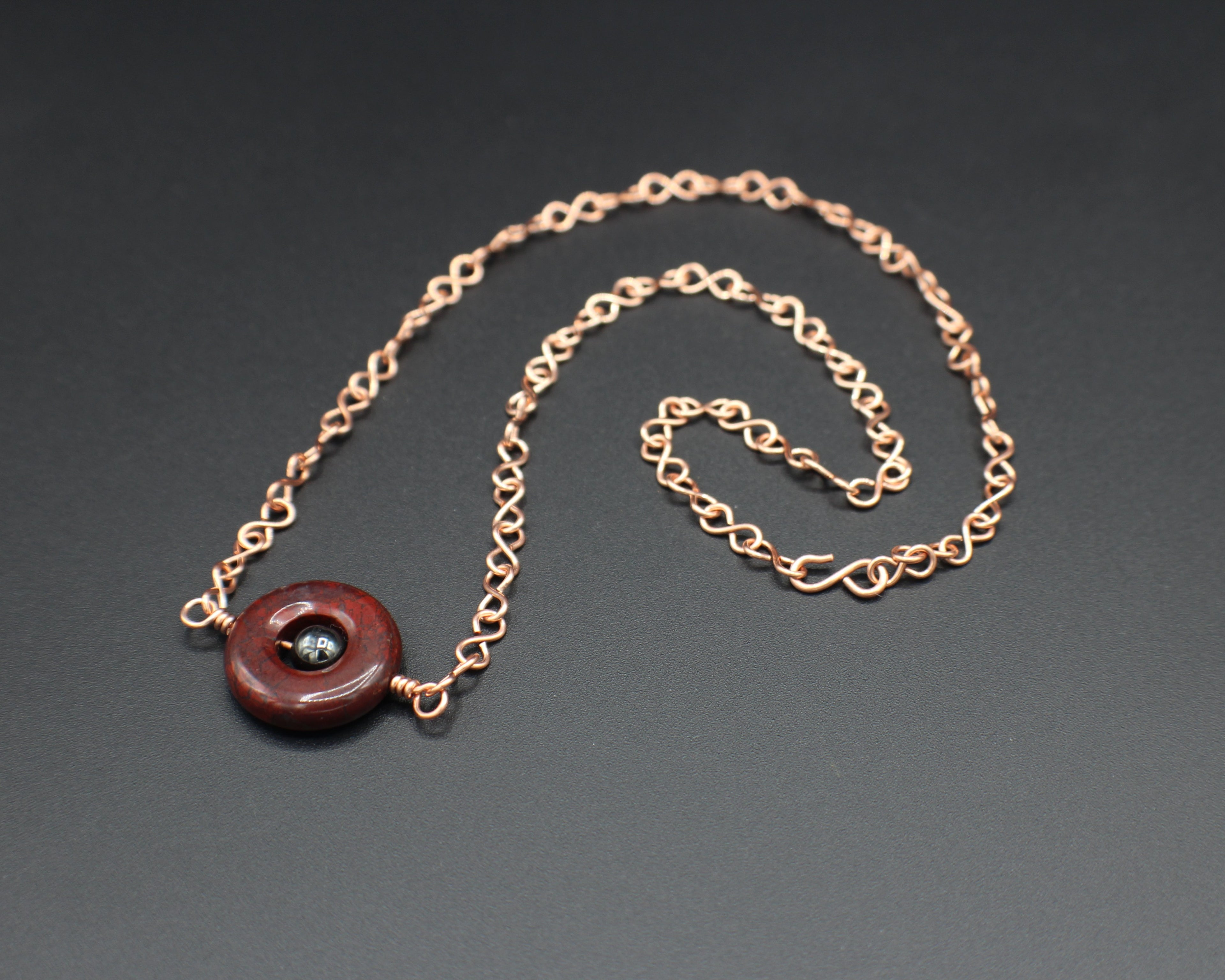 Handcrafted Red Jasper and Hematite Necklace with Copper Infinity Link Chain, 18"