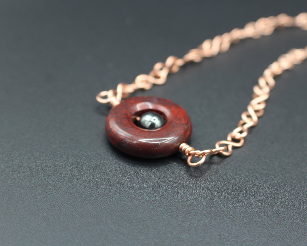 Handcrafted Red Jasper and Hematite Necklace with Copper Infinity Link Chain, 18"