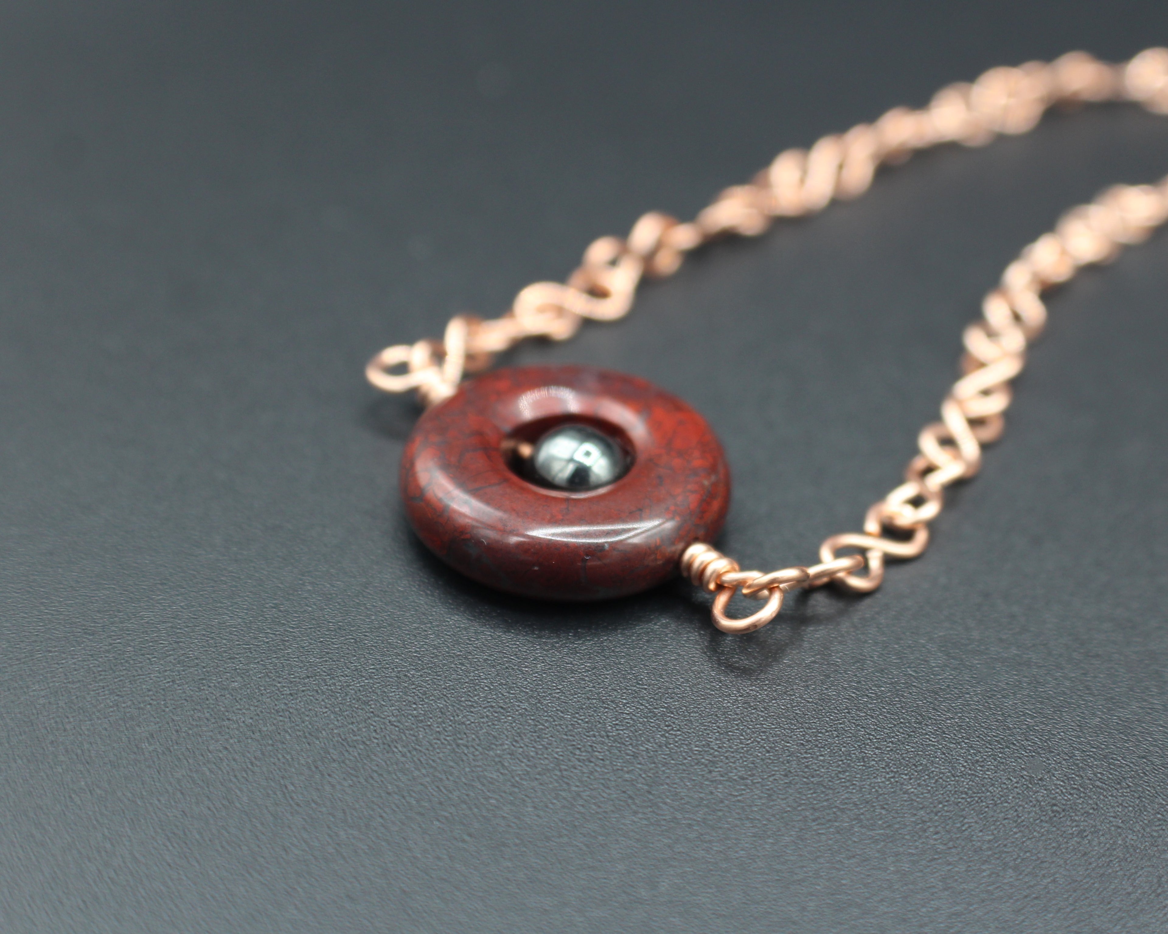 Handcrafted Red Jasper and Hematite Necklace with Copper Infinity Link Chain, 18"