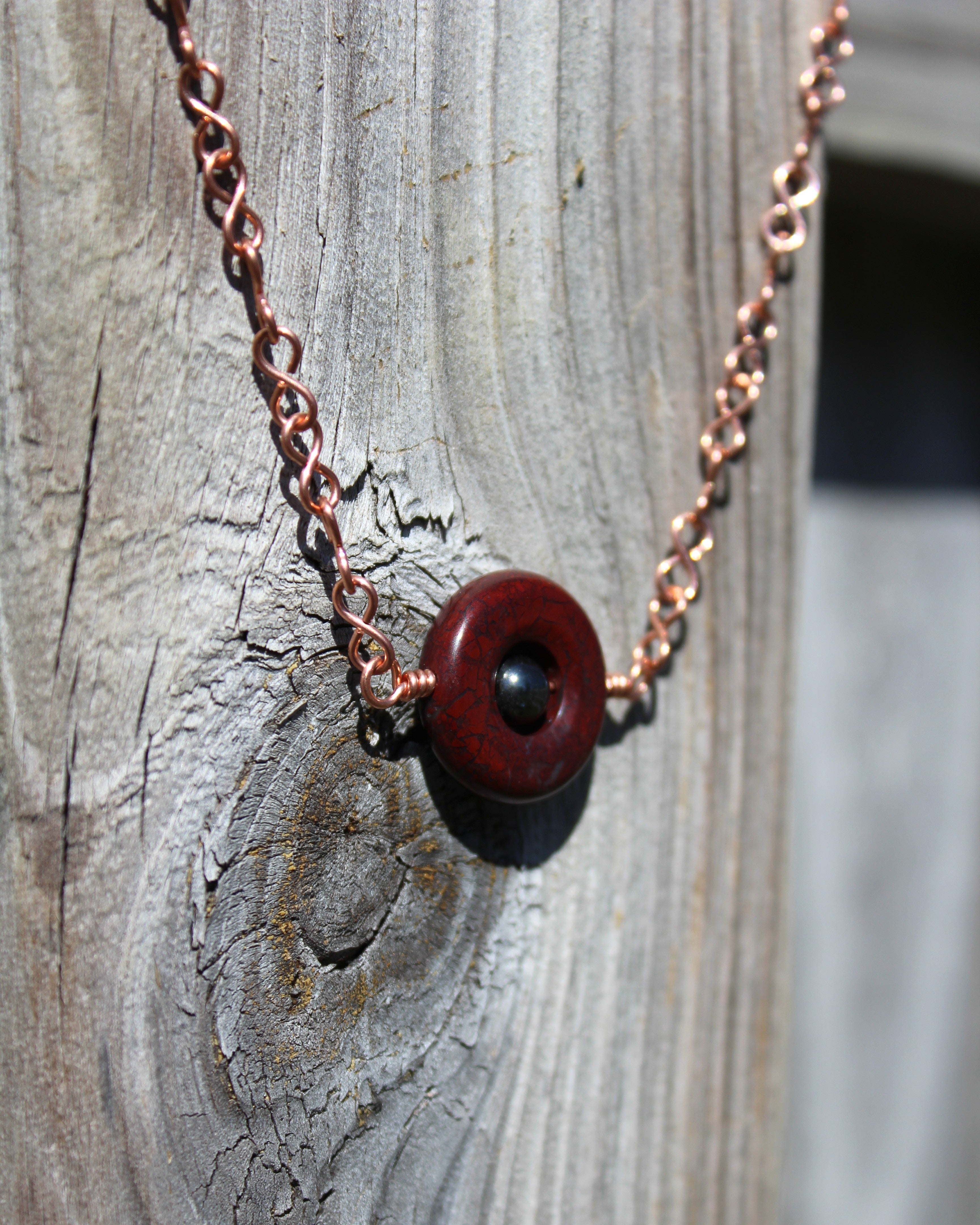 Handcrafted Red Jasper and Hematite Necklace with Copper Infinity Link Chain, 18"