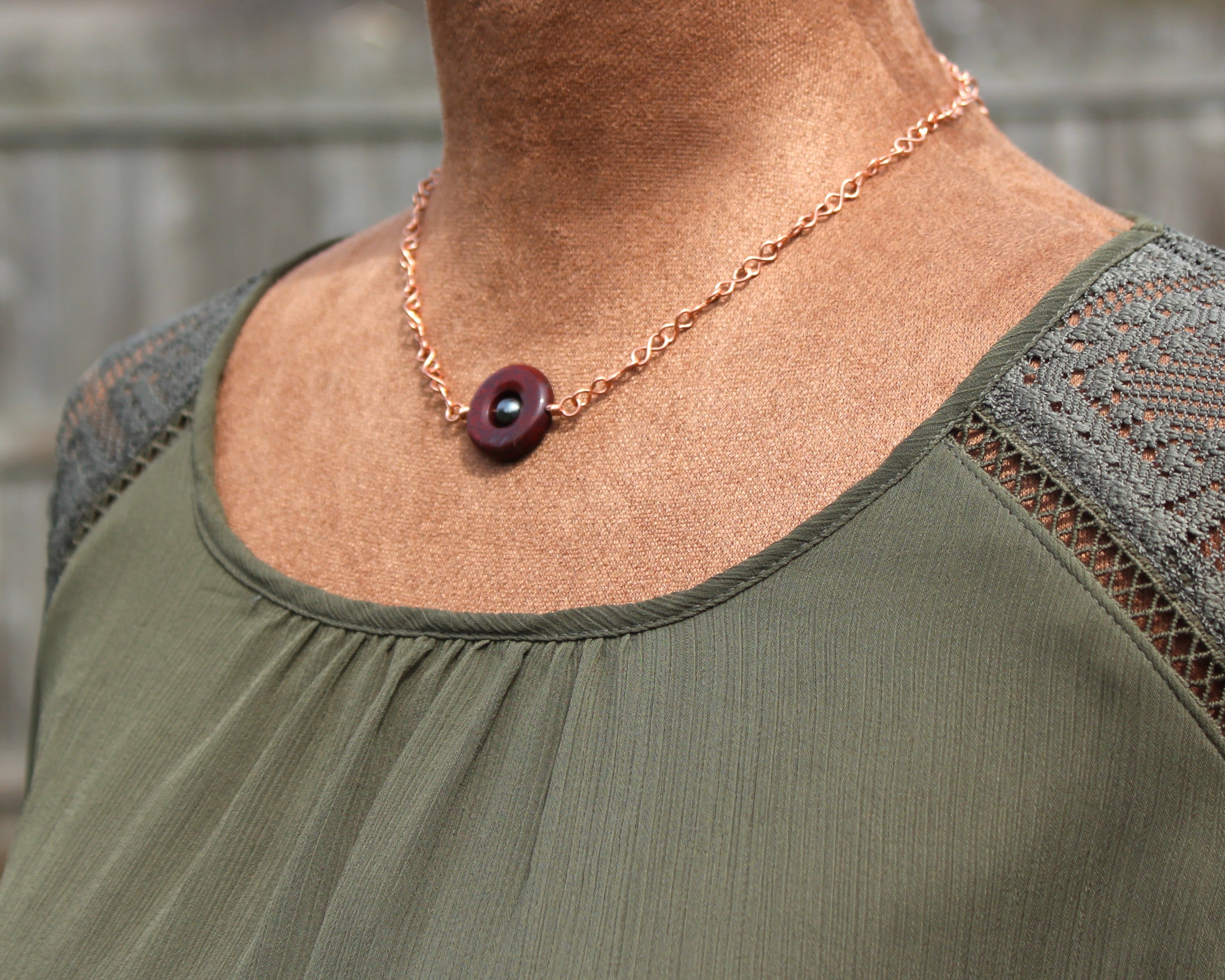 Handcrafted Red Jasper and Hematite Necklace with Copper Infinity Link Chain, 18"