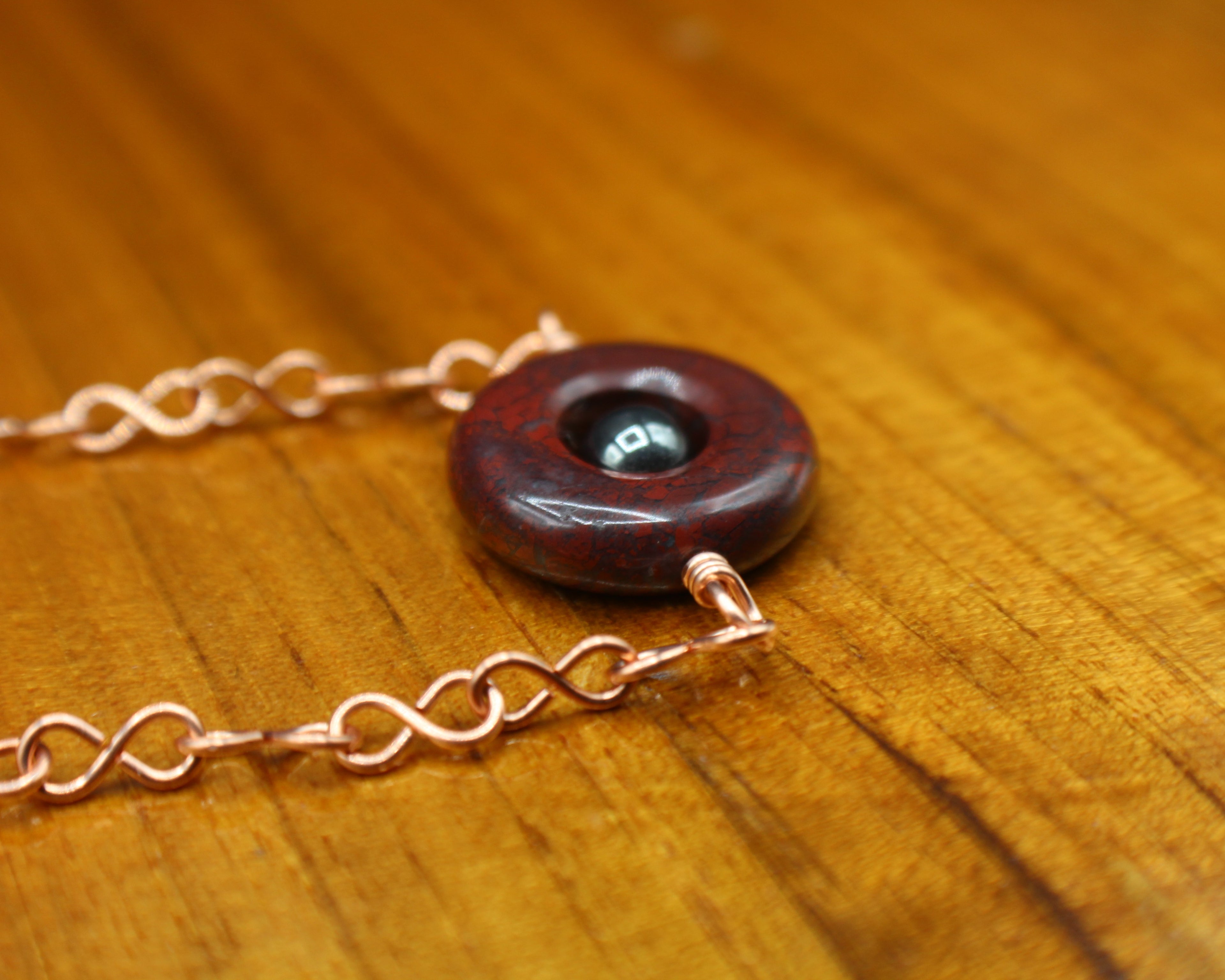 Handcrafted Red Jasper and Hematite Necklace with Copper Infinity Link Chain, 18"
