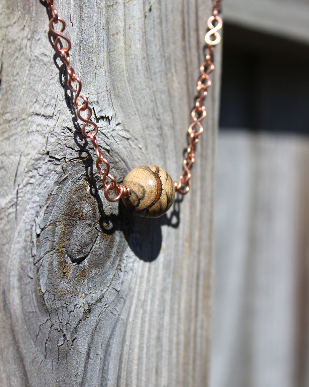 Handcrafted Picture Jasper Necklace with Copper Infinity Link Chain, 18"