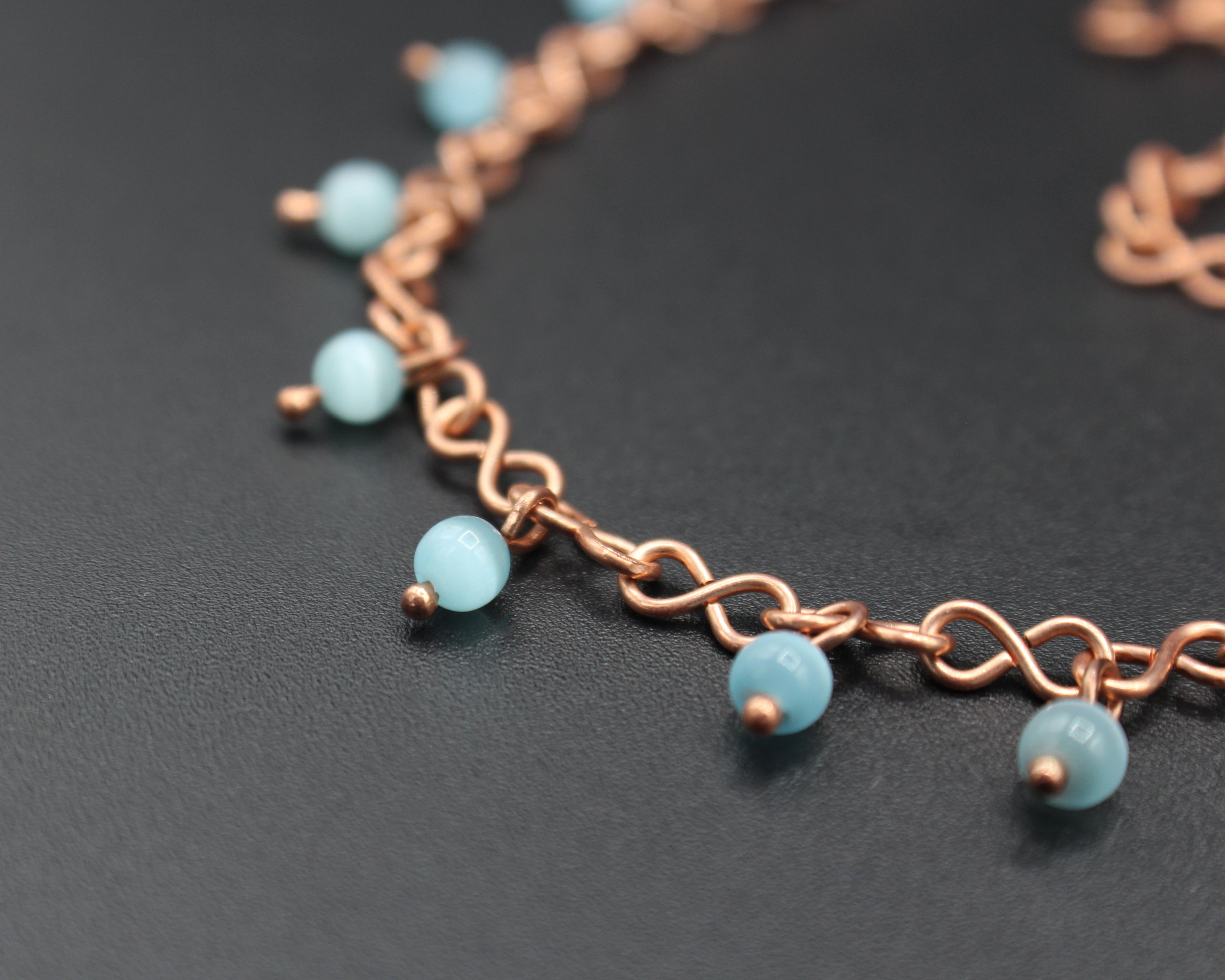 Handcrafted Copper Infinity Link Necklace with Cat’s Eye Glass Beads, Adjustable 16"–18"