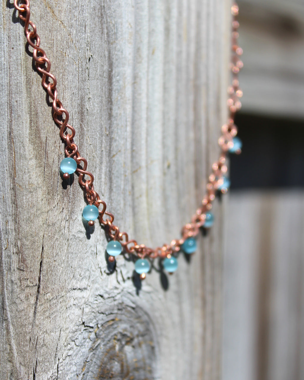 Handcrafted Copper Infinity Link Necklace with Cat’s Eye Glass Beads, Adjustable 16"–18"