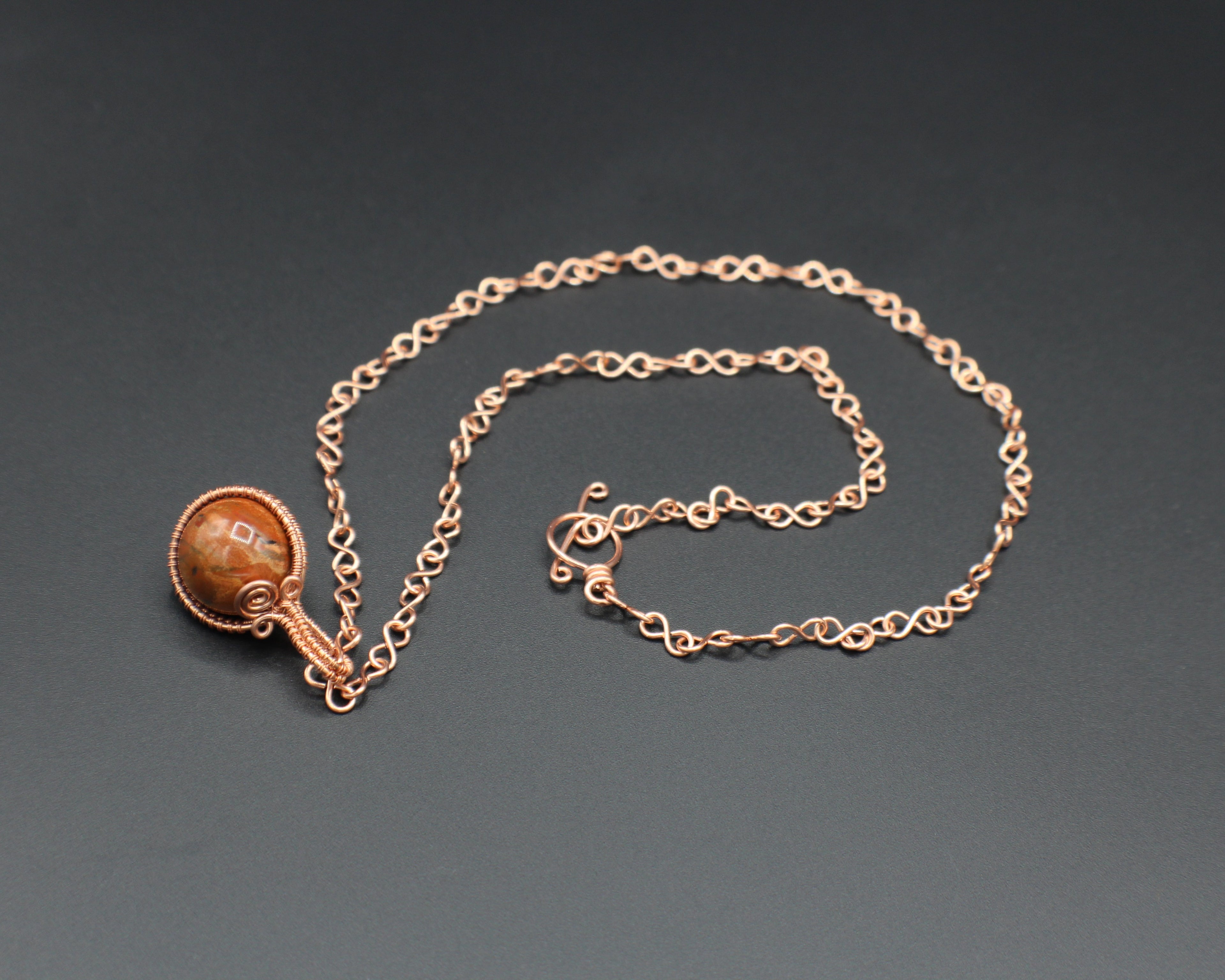 Handcrafted Copper Jasper Pendant Necklace with Infinity Link Chain, 21"
