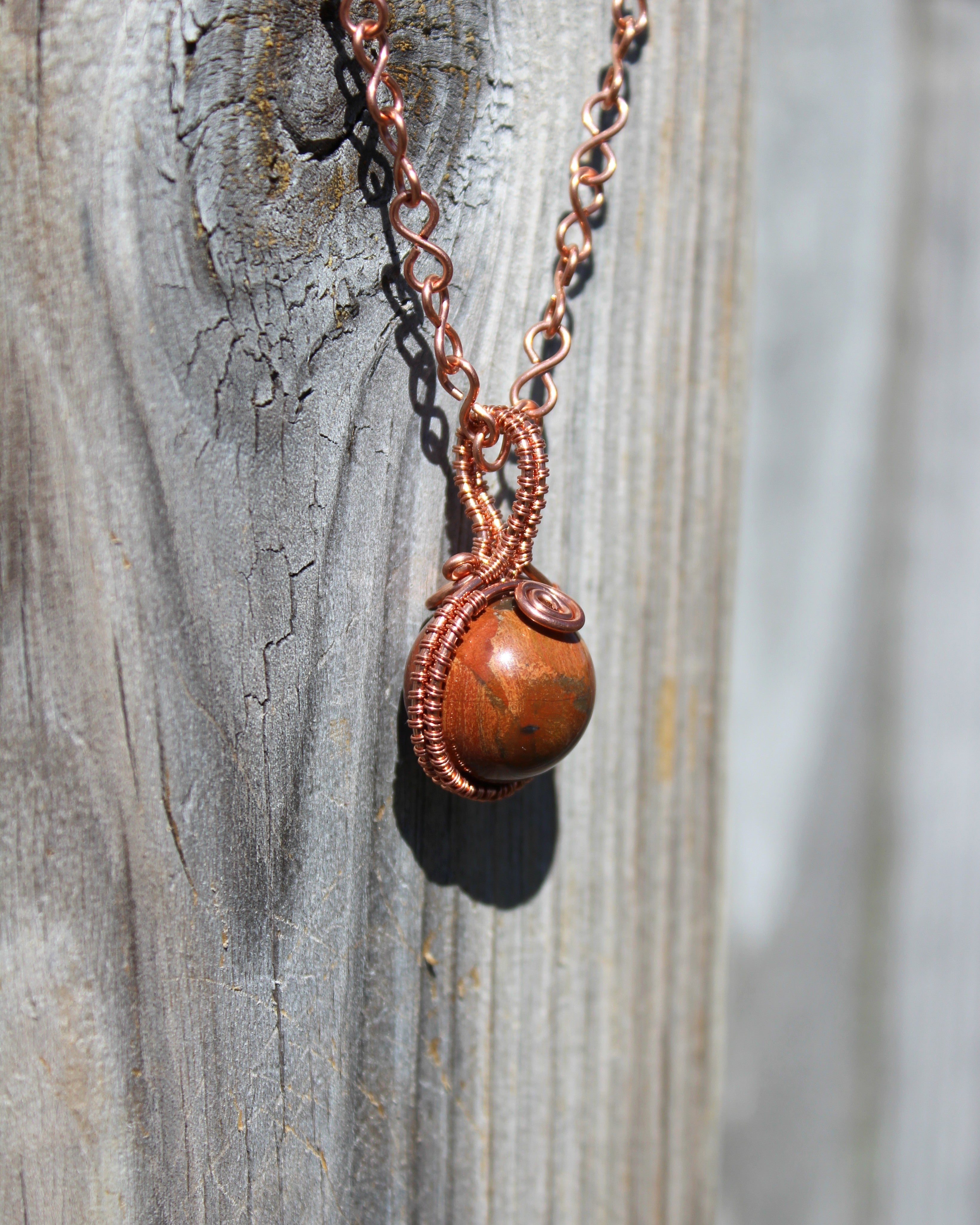Handcrafted Copper Jasper Pendant Necklace with Infinity Link Chain, 21"